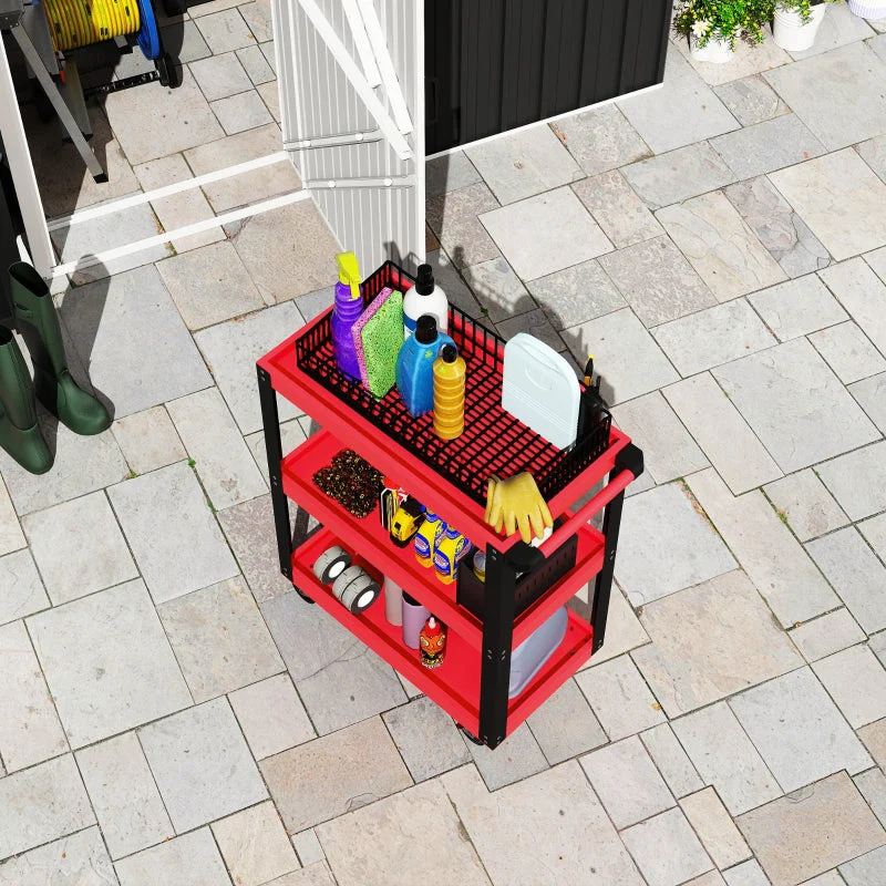 Tool Trolley 3 Levels, 120 kg Load Capacity, Metal Frame, Red - Image 7