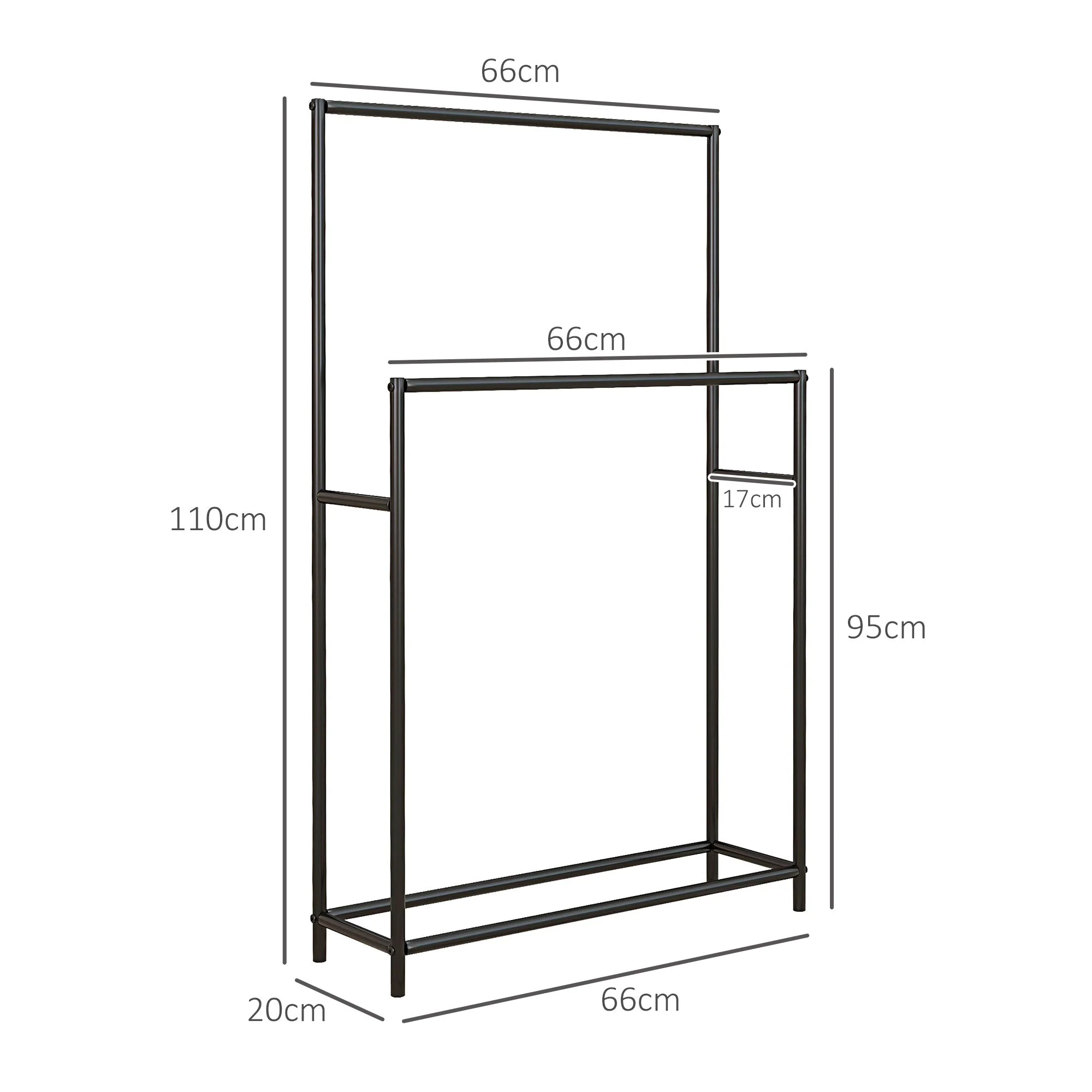 Towel Rail, Freestanding with 2 Rails, Metal, Black - Image 3