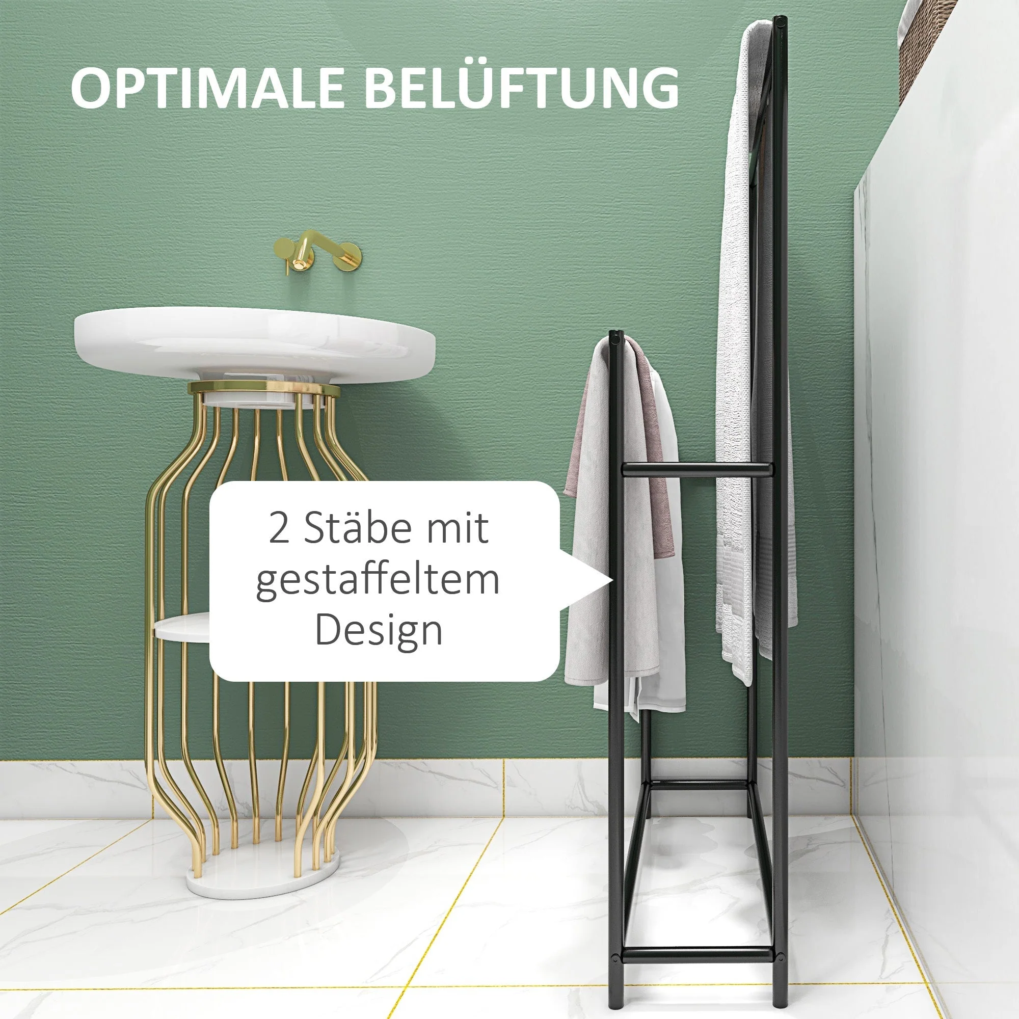 Towel Rail, Freestanding with 2 Rails, Metal, Black - Image 4