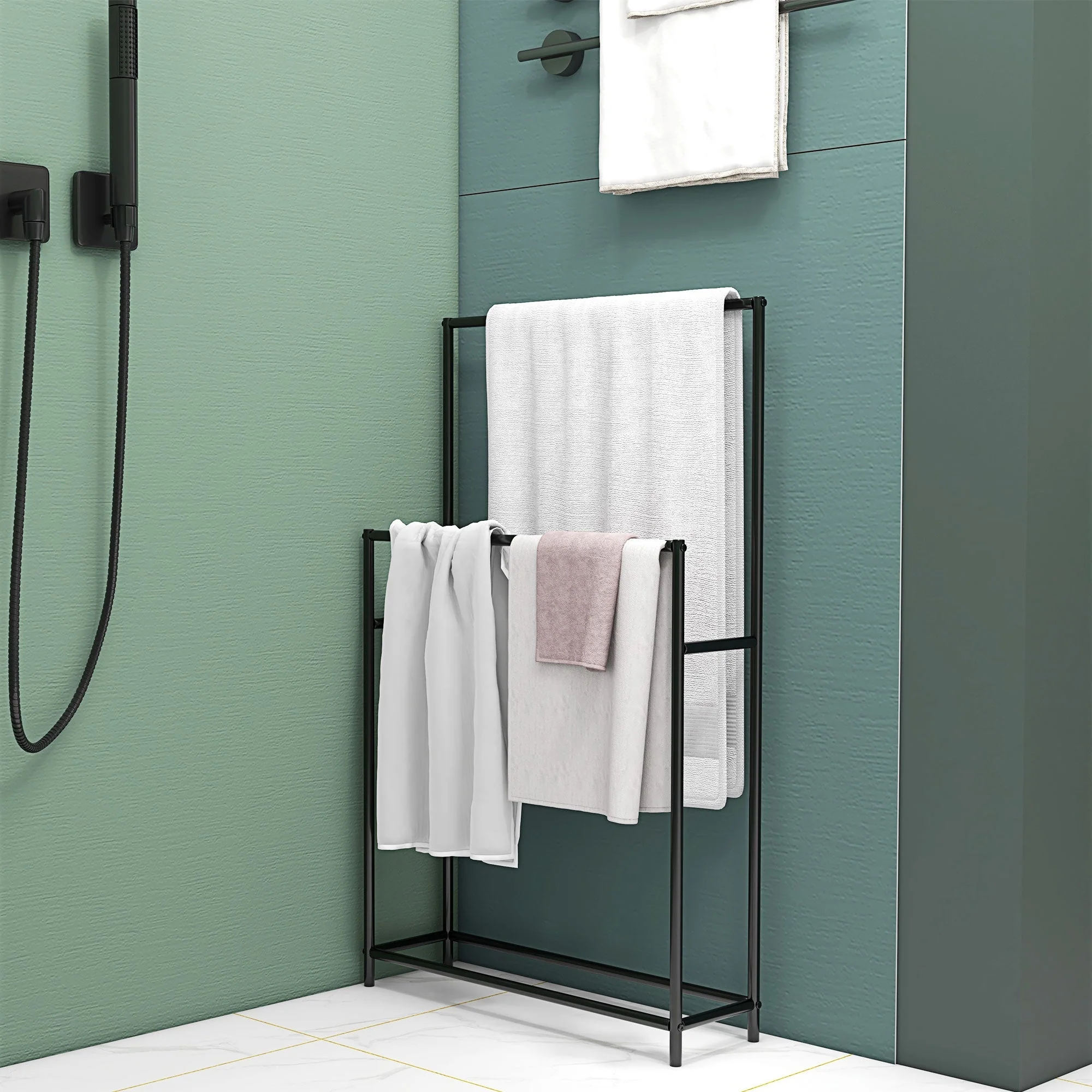 Towel Rail, Freestanding with 2 Rails, Metal, Black - Image 6