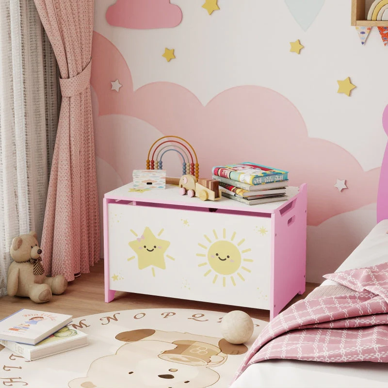 Toy Box with Safety Hinges Groove Handles Storage for Kids, Pink