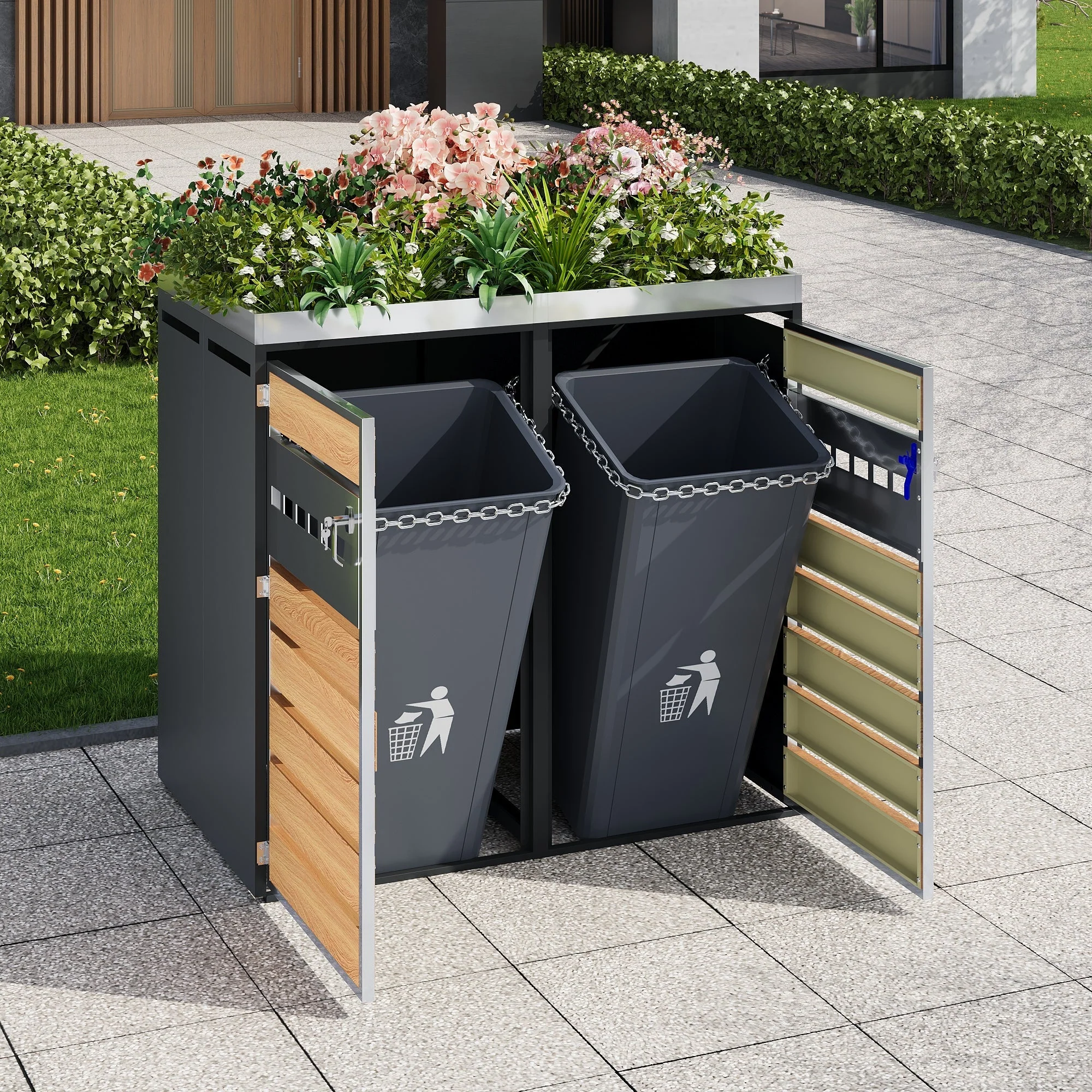 Trash Can Storage Box with Lockable Two Doors and Planting Area, Ventilation, Steel - Image 3