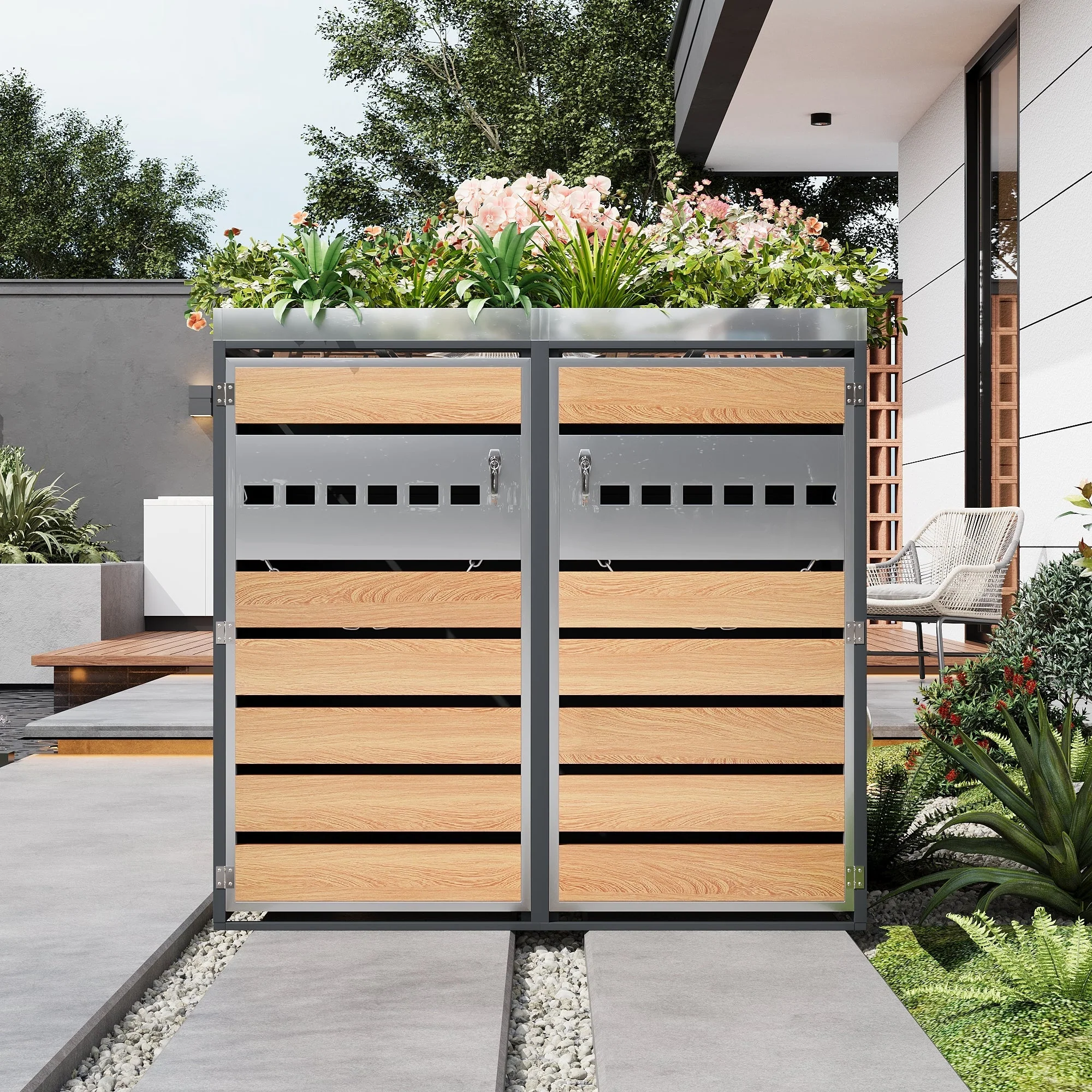 Trash Can Storage Box with Lockable Two Doors and Planting Area, Ventilation, Steel - Image 7