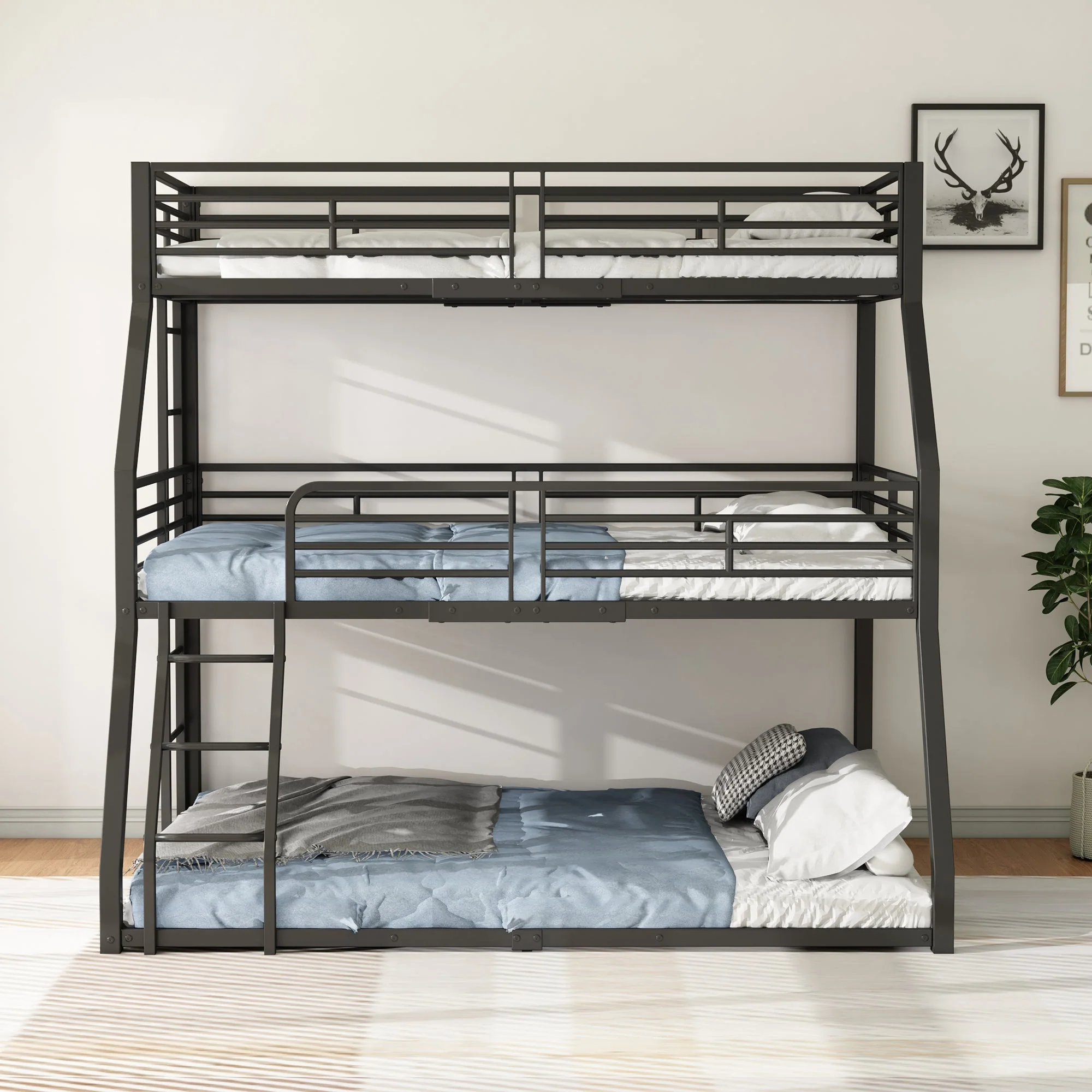 Triple Bunk Bed 90/120/140x200cm Metal Frame - Black - Image 2