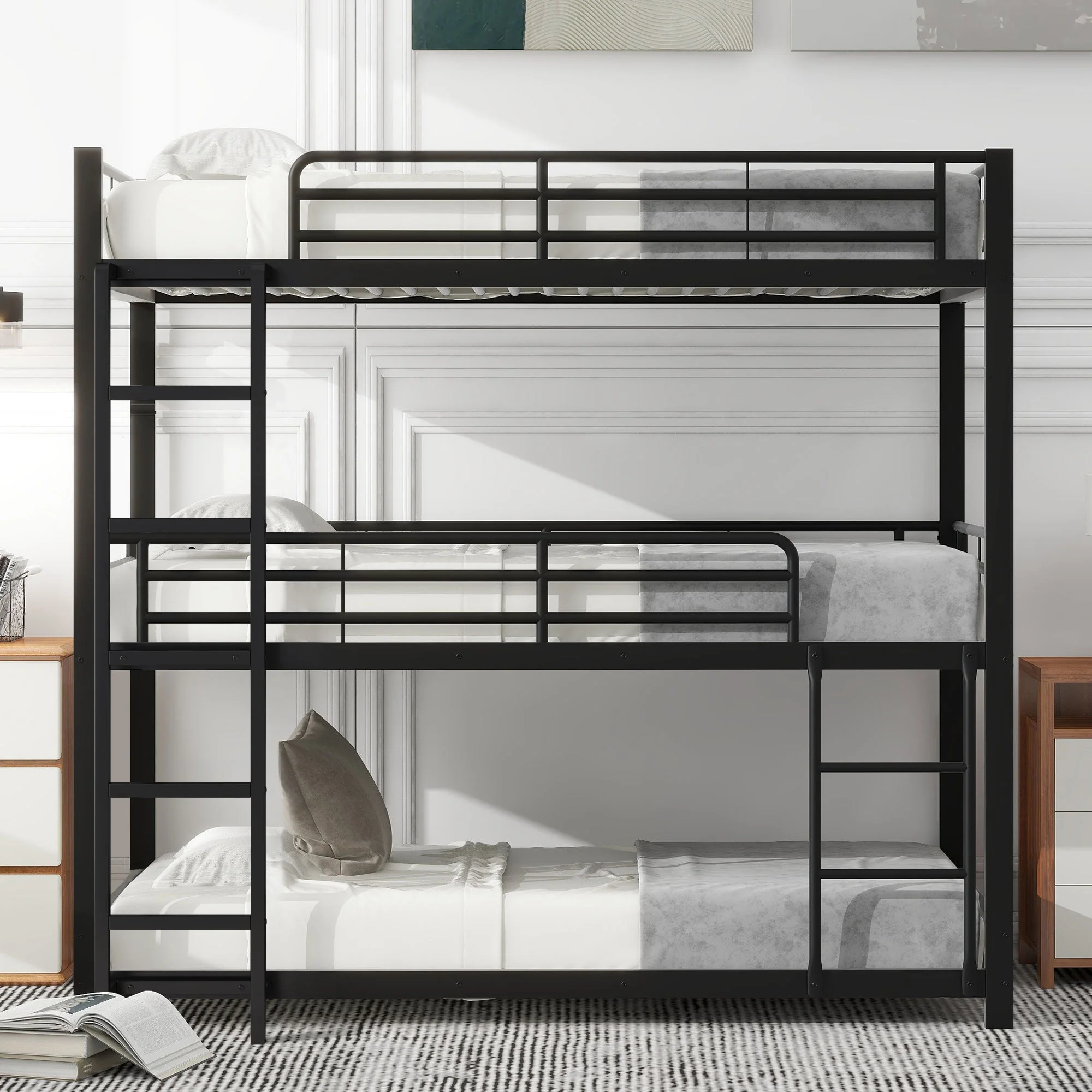 Triple Bunk Bed 90x200cm Metal for Children & Adults, Black - Image 2