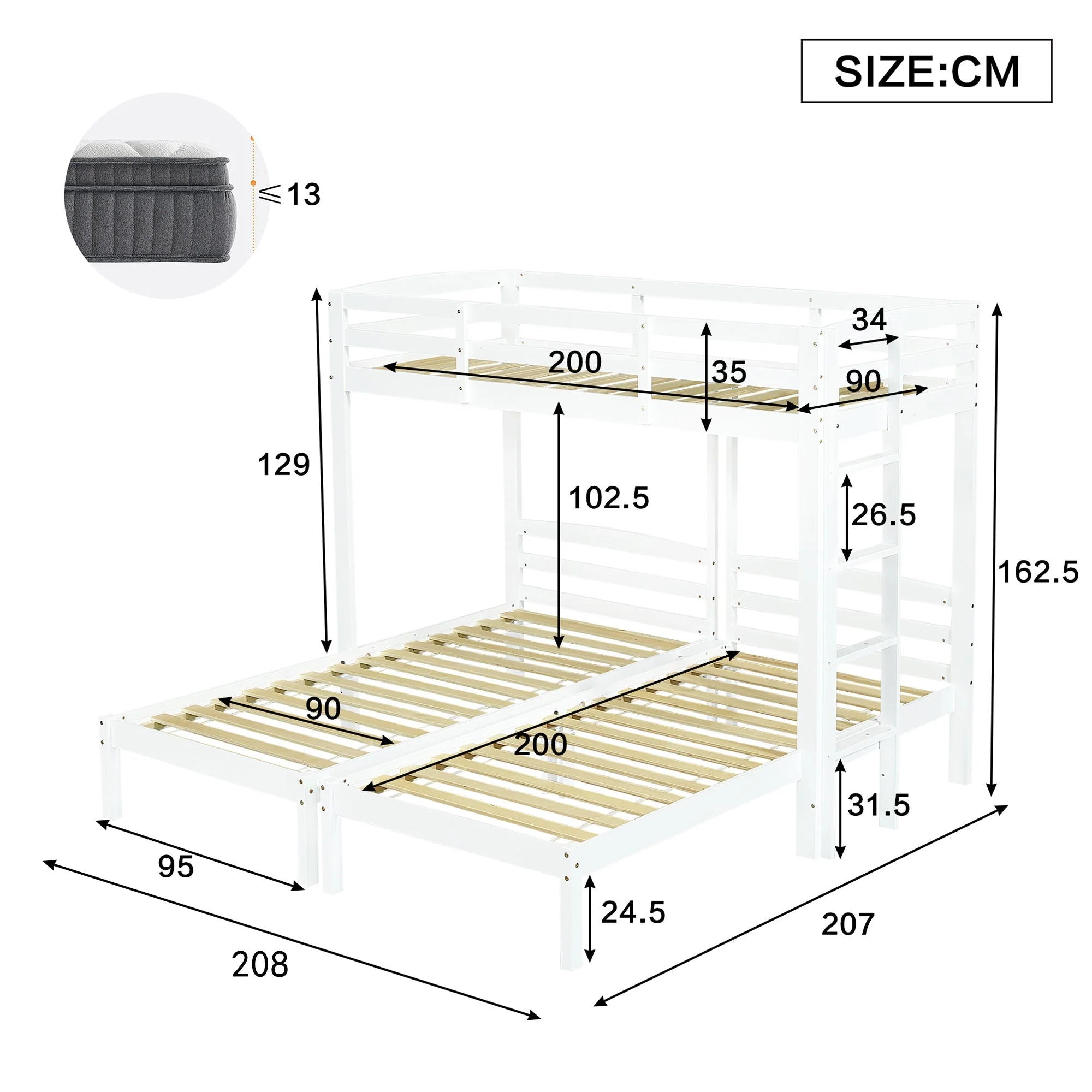 Triple Bunk Bed 90x200cm Side Ladder for Children/Teens, White - Image 6