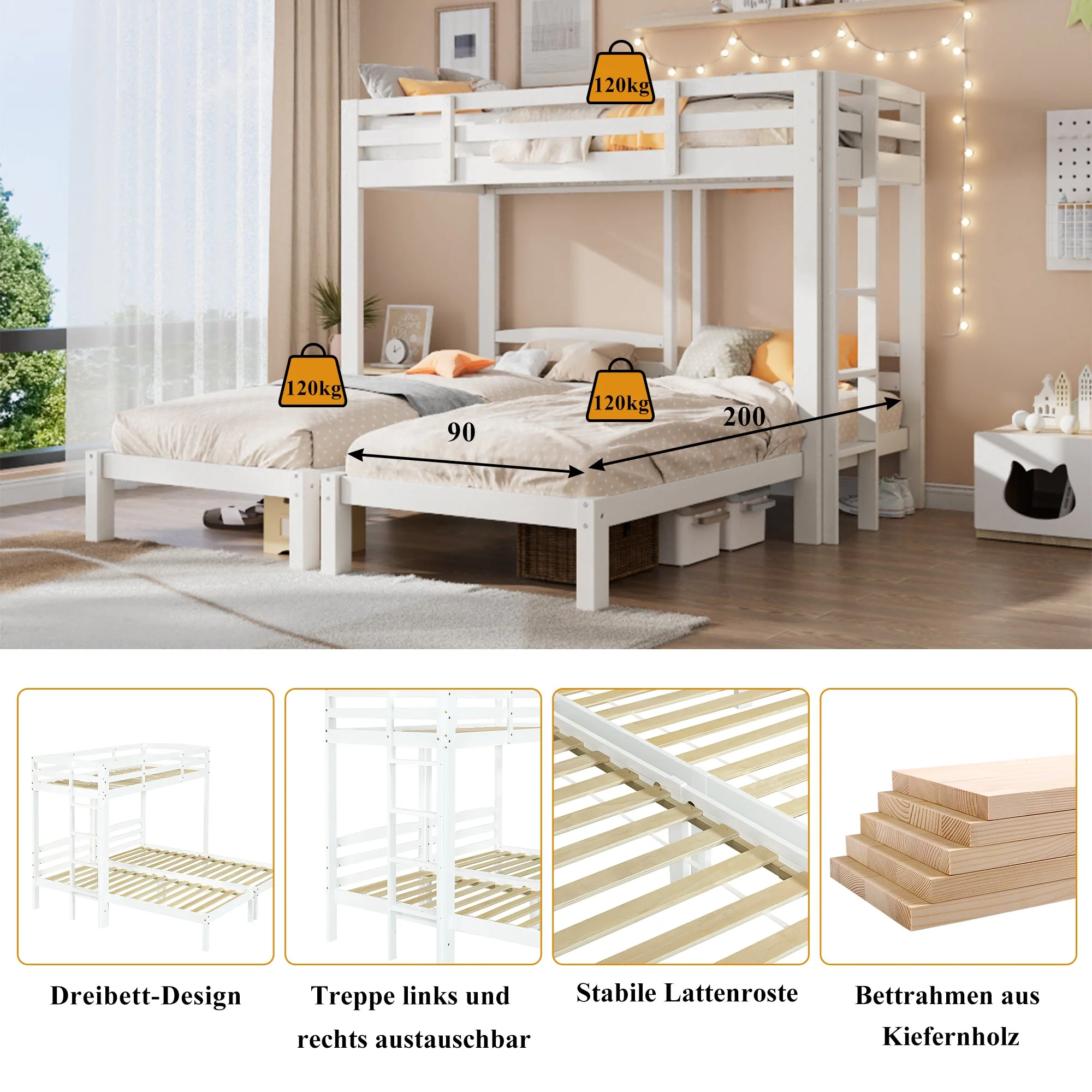 Triple Bunk Bed 90x200cm Side Ladder for Children/Teens, White - Image 8