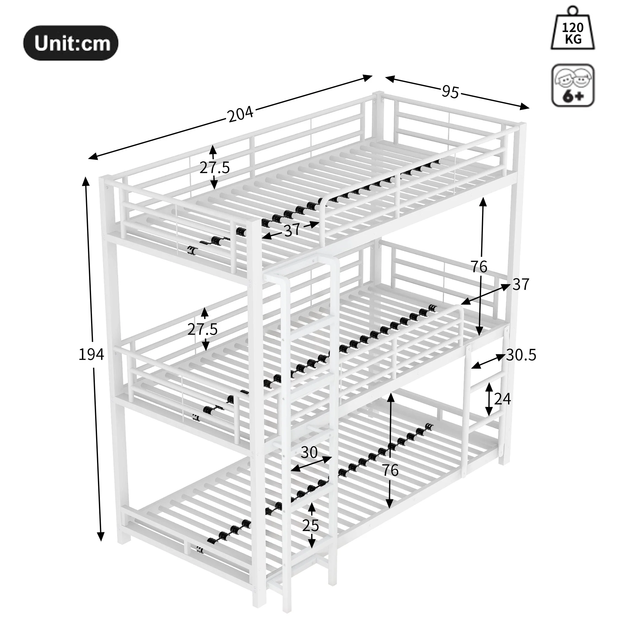 Triple Bunk Bed Frame for Children and Adults, 90x200cm Metal, White - Image 5