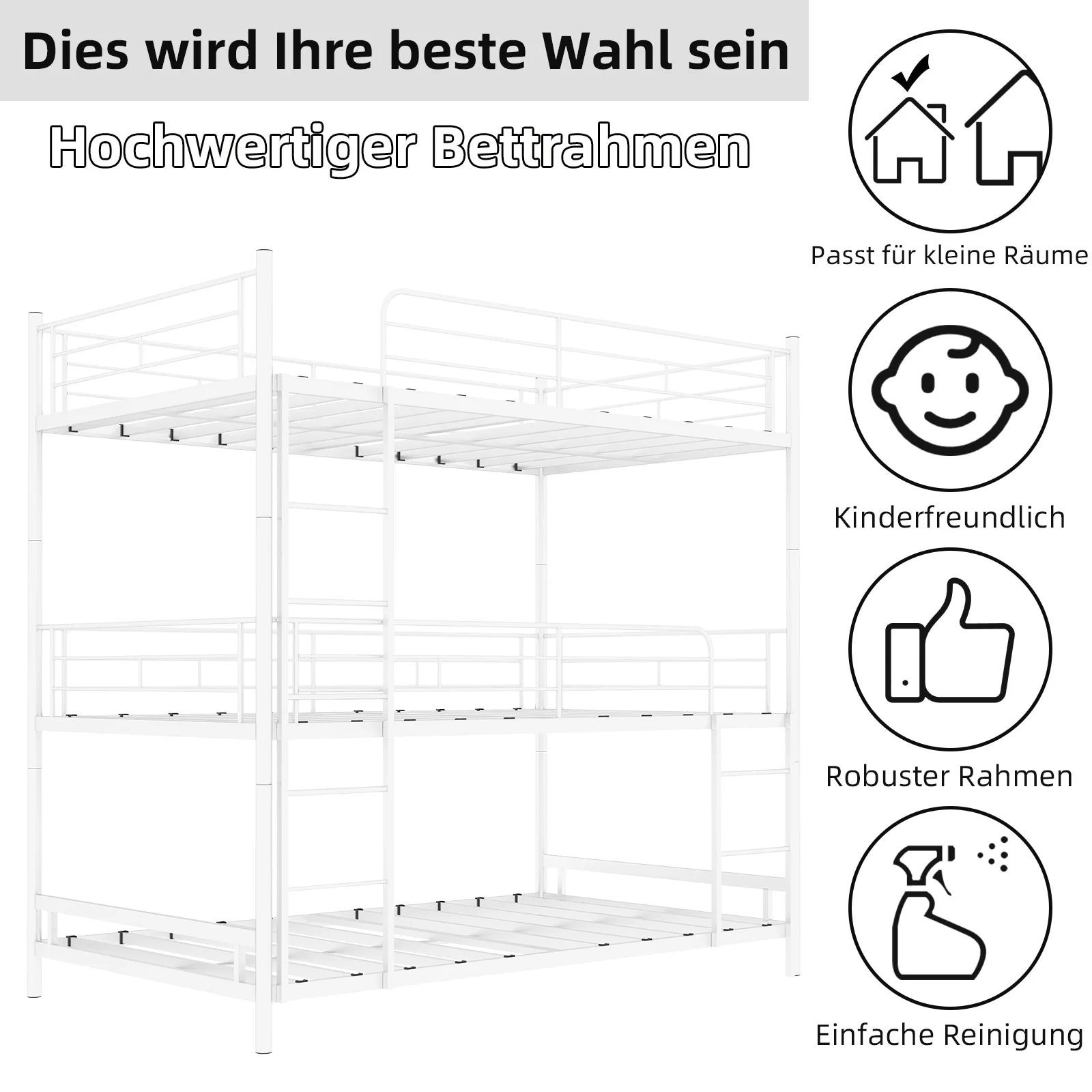 Triple Frame Bed, Heavy-Duty with Built-in Ladder & Railing, Metal - Image 2