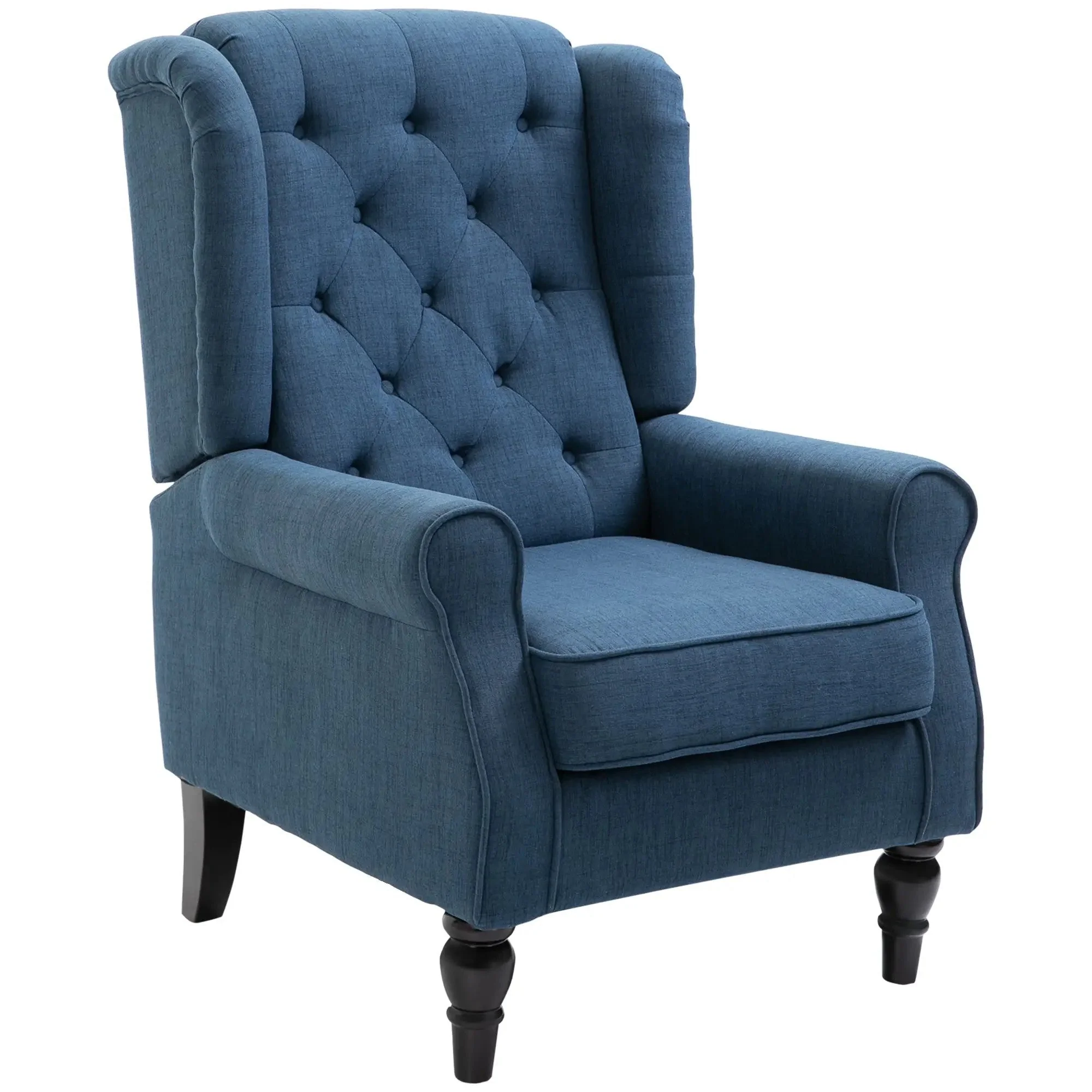 Tufted Wingback Chair High Backrest Rounded Armrests Wooden Legs Blue