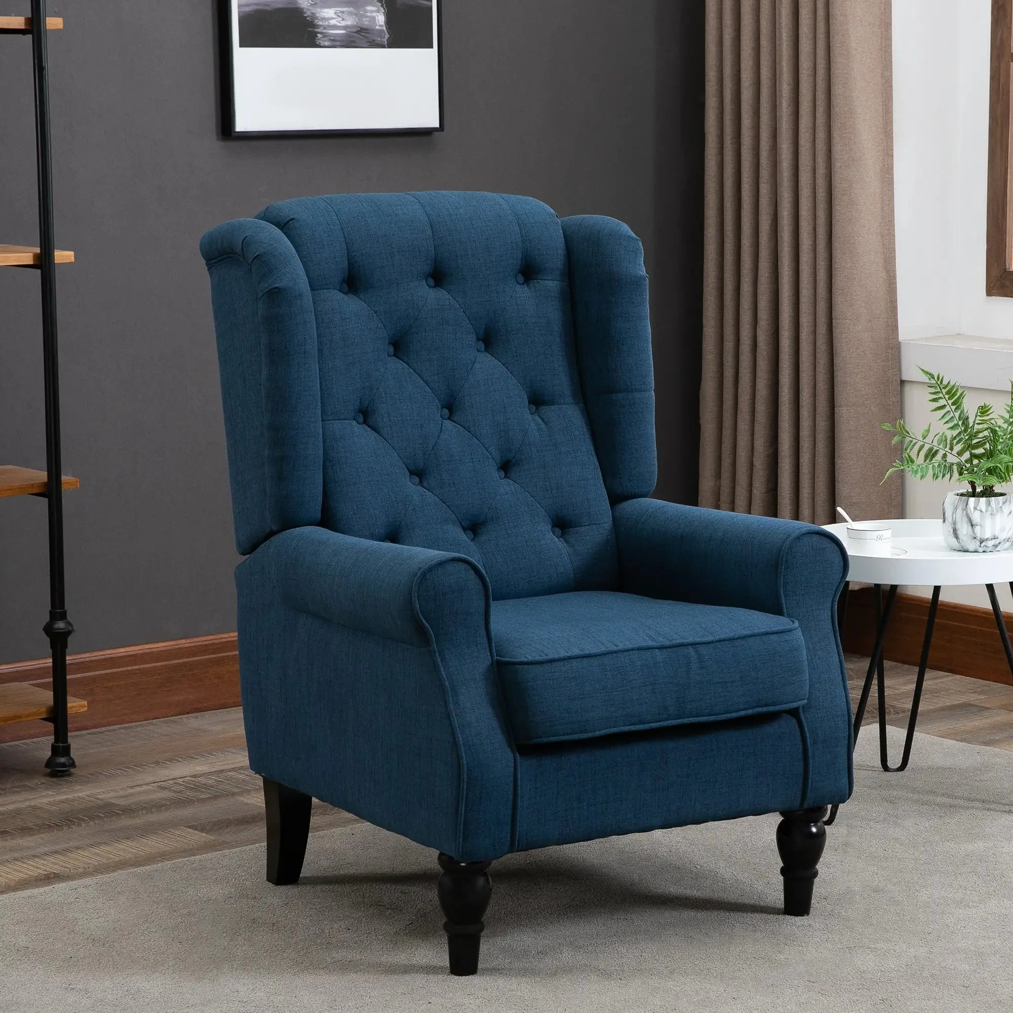 Tufted Wingback Chair High Backrest Rounded Armrests Wooden Legs Blue - Image 2