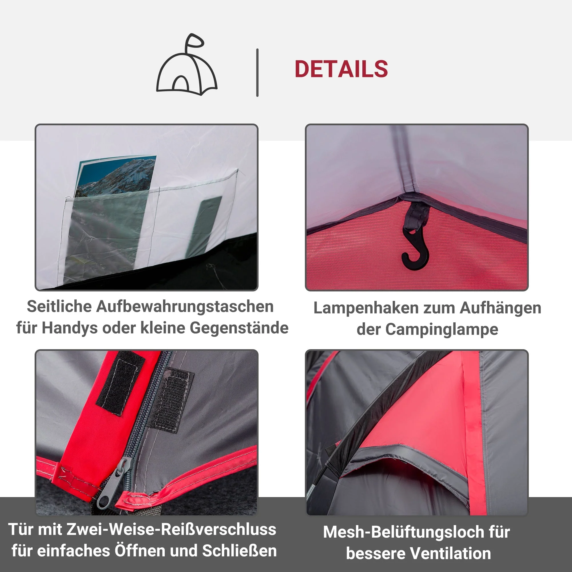 Tunnel Tent, 2-3 Person Camping, Fiberglass & Polyester, Grey - Image 5