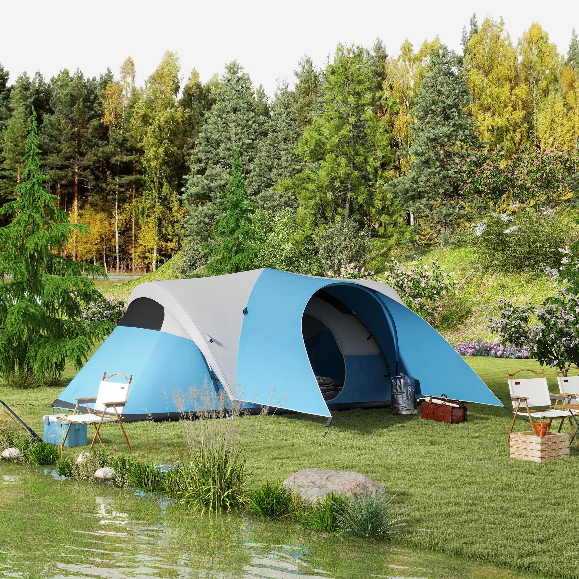 Tunnel Tent, Family Camping, Water-Repellent, 6 Person, Blue - Image 2