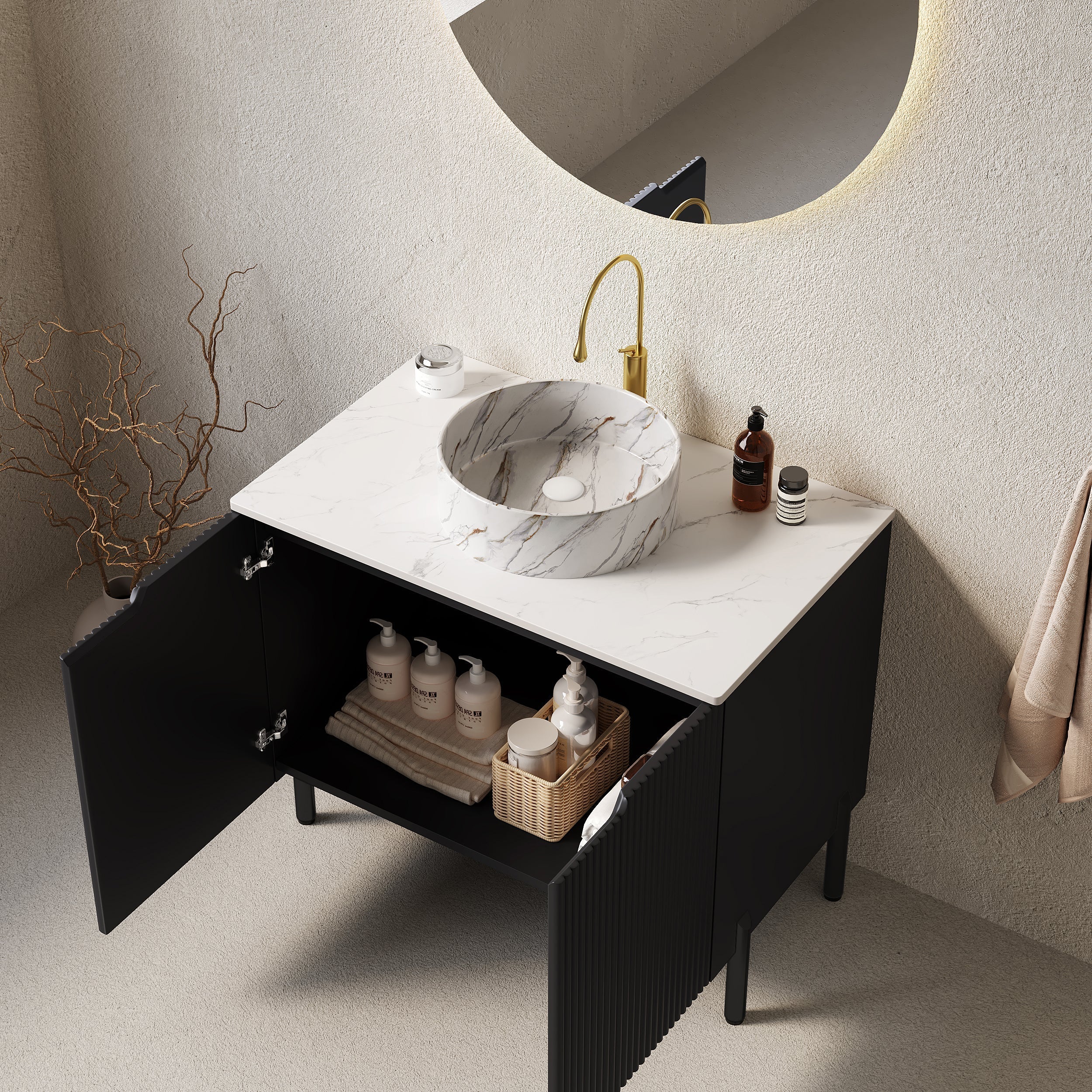 TURIO 76cm Freestanding Bathroom Vanity Unit with White Ceramic Basin and Double Doors, Black Finish - Image 2