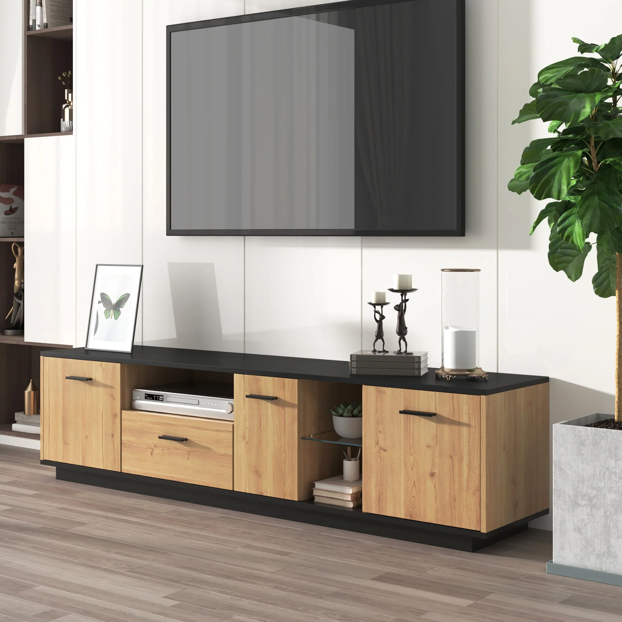 TV Cabinet 1 Drawer 3 Doors Glass Compartments Fine Texture 16 LED Lights, Black/Natural Wood - Image 8