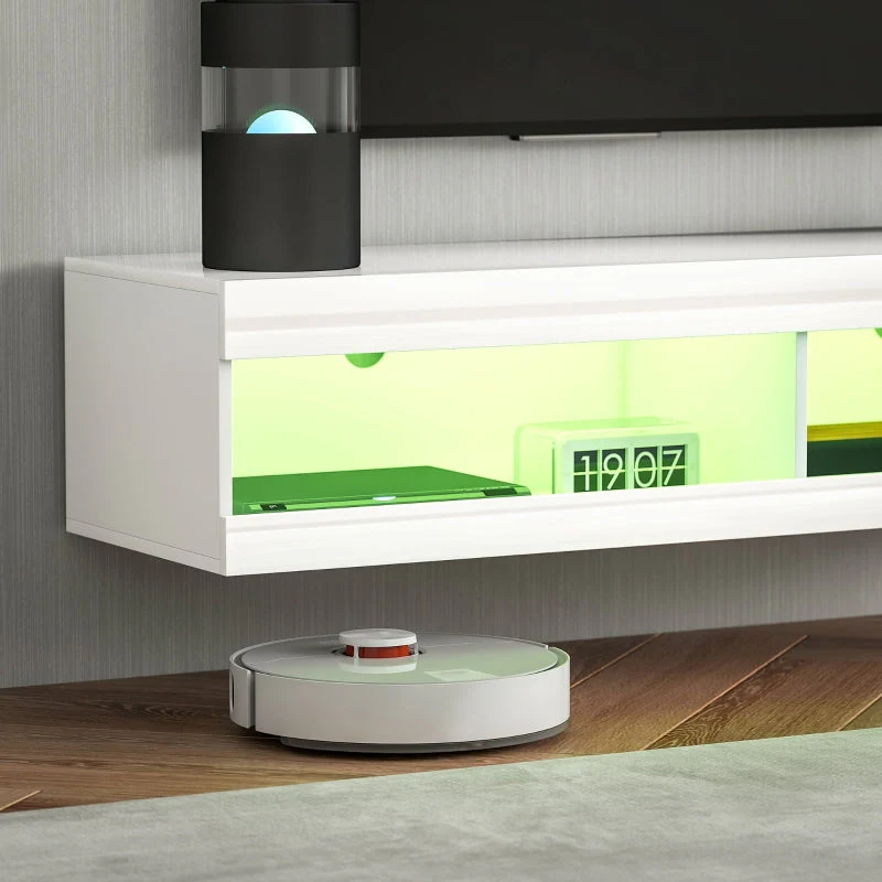 TV Cabinet 140cm Wall-Mounted Lowboard RGB LED Lighting Open Storage High-Gloss White - Image 8