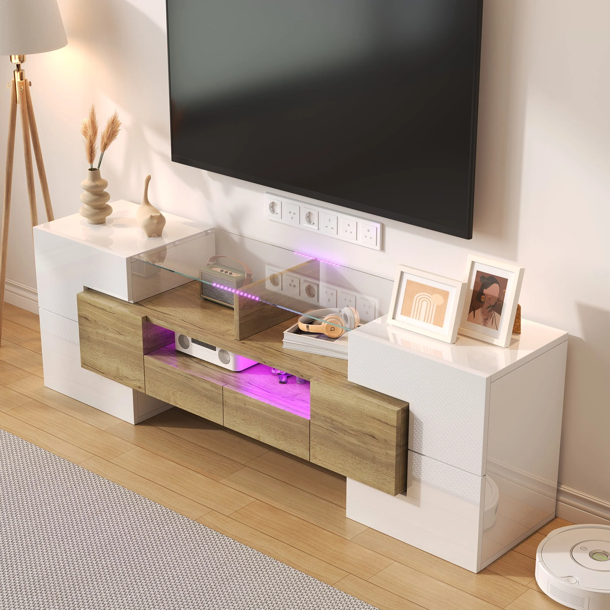 TV Cabinet, 145 cm LED Lighting, High-Gloss White Glass - Image 8