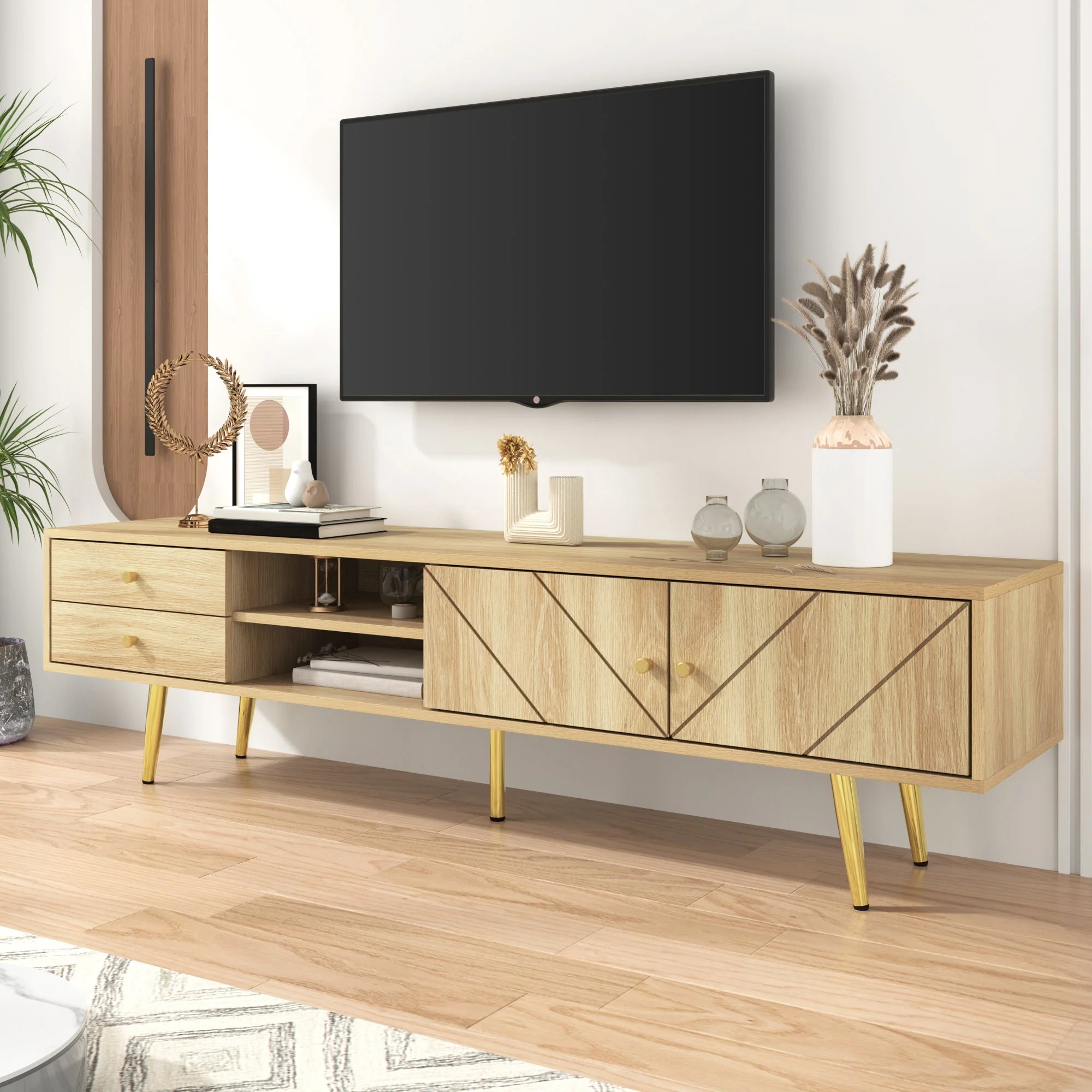 TV Cabinet 160cm, Gold Feet, Two Drawers, Unique Doors - Image 10