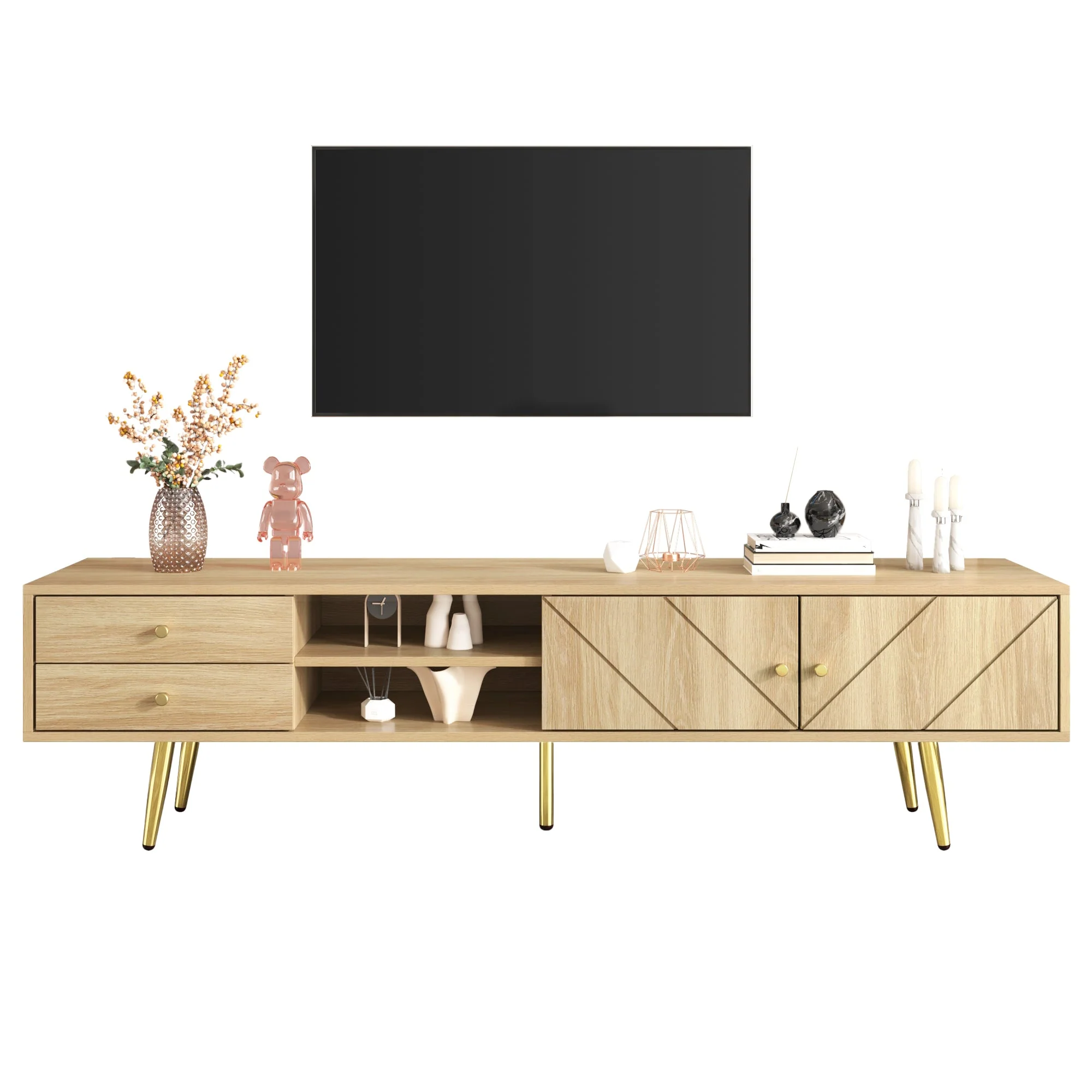 TV Cabinet 160cm, Gold Feet, Two Drawers, Unique Doors - Image 2