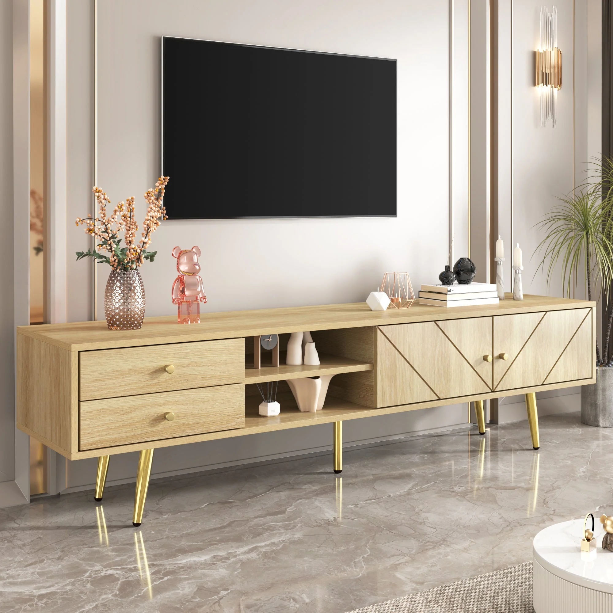 TV Cabinet 160cm, Gold Feet, Two Drawers, Unique Doors - Image 3