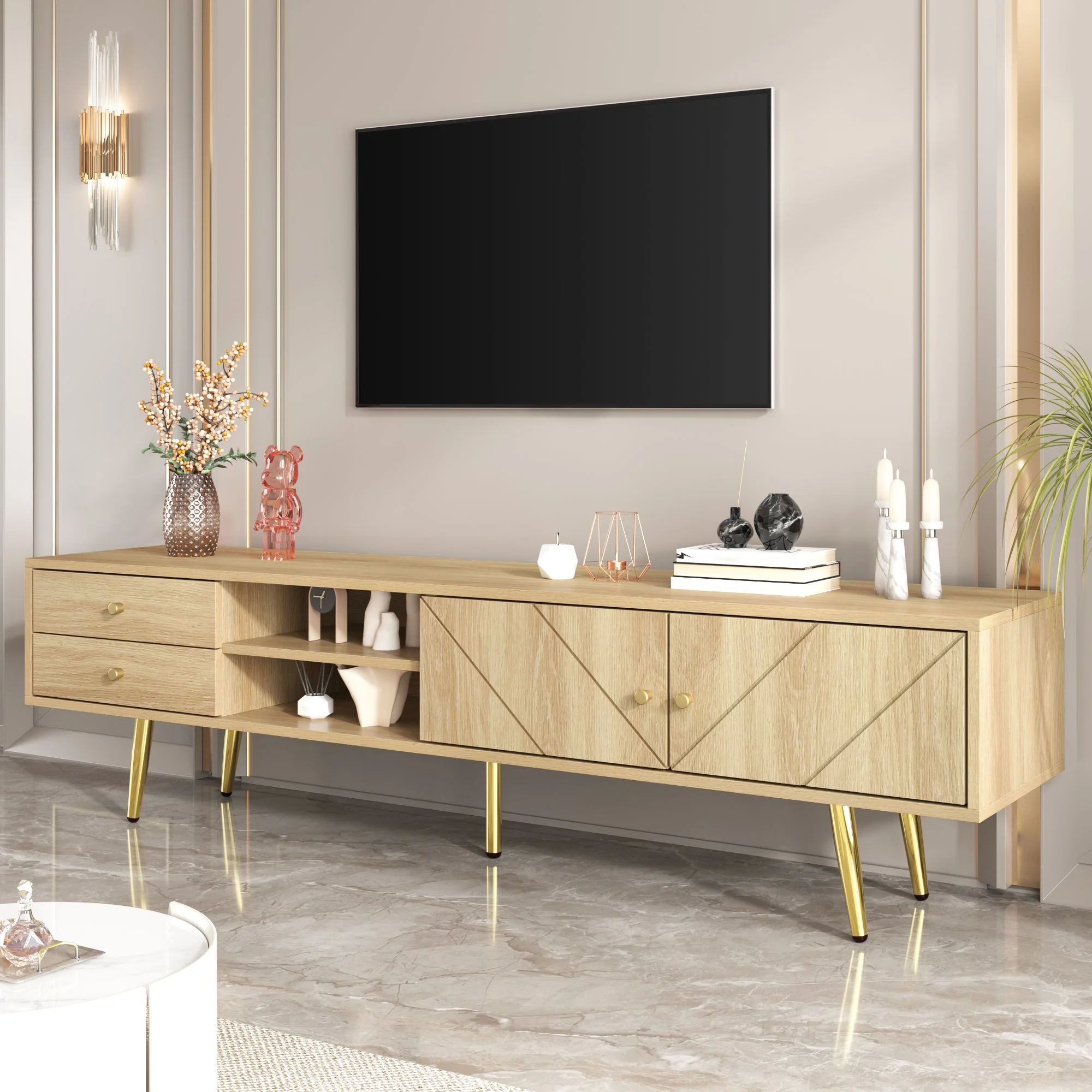 TV Cabinet 160cm, Gold Feet, Two Drawers, Unique Doors - Image 4