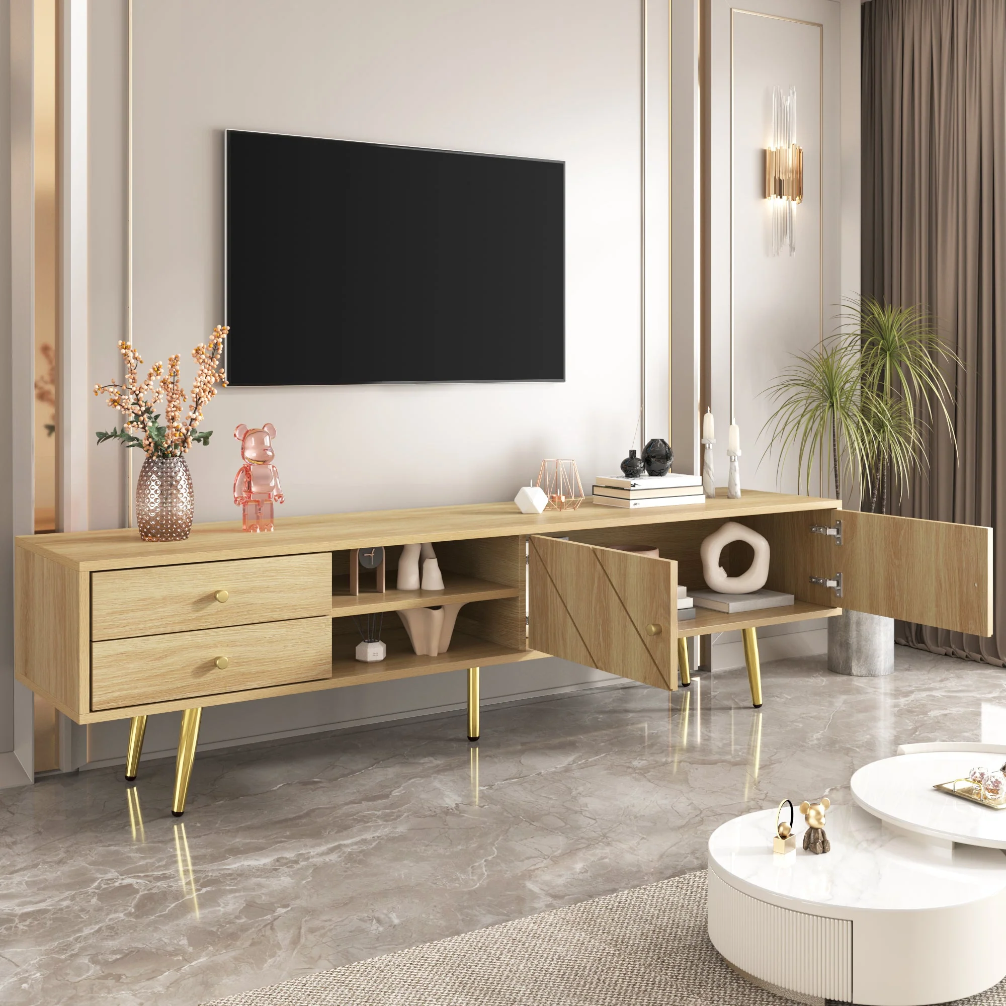 TV Cabinet 160cm, Gold Feet, Two Drawers, Unique Doors - Image 5