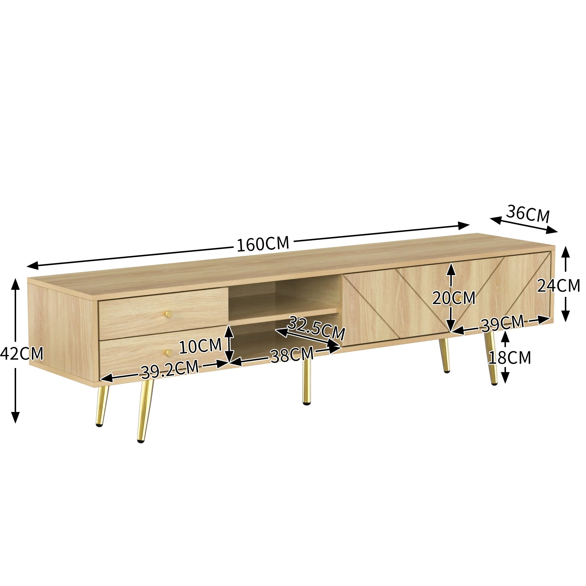 TV Cabinet 160cm, Gold Feet, Two Drawers, Unique Doors - Image 6