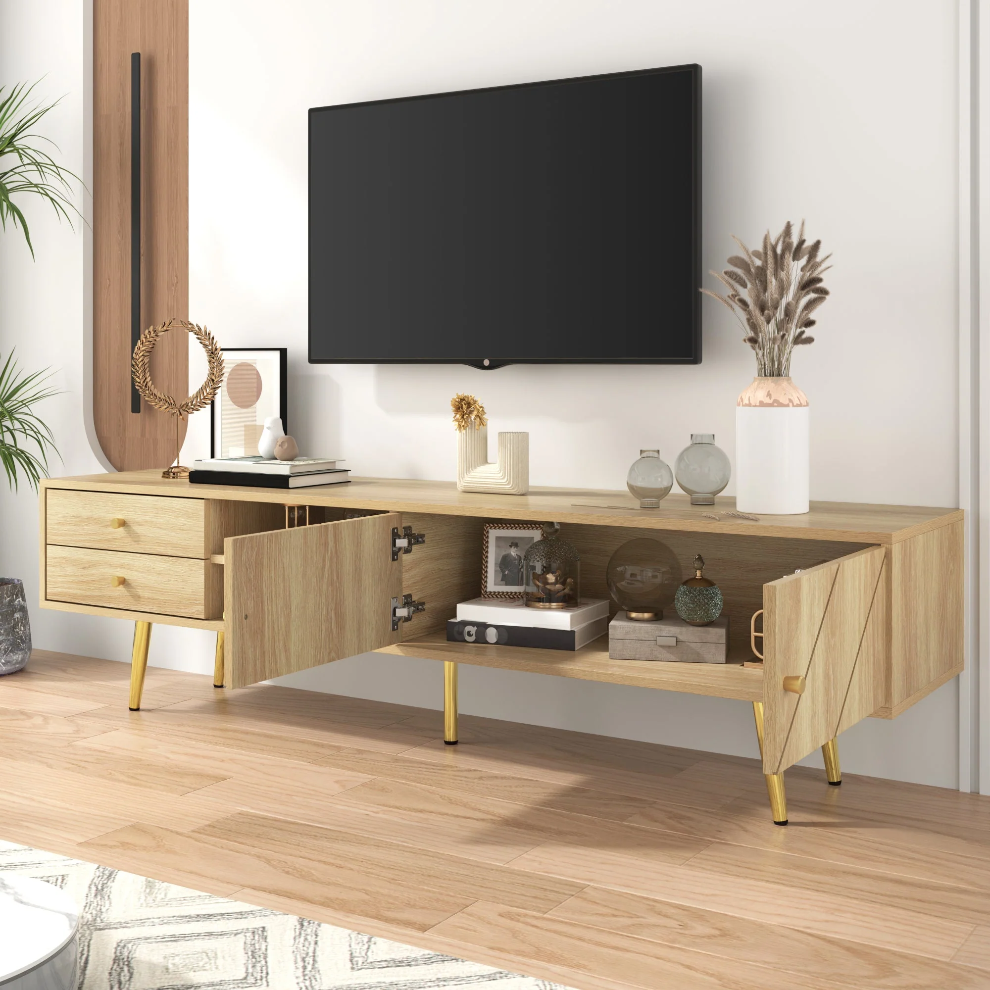 TV Cabinet 160cm, Gold Feet, Two Drawers, Unique Doors - Image 7