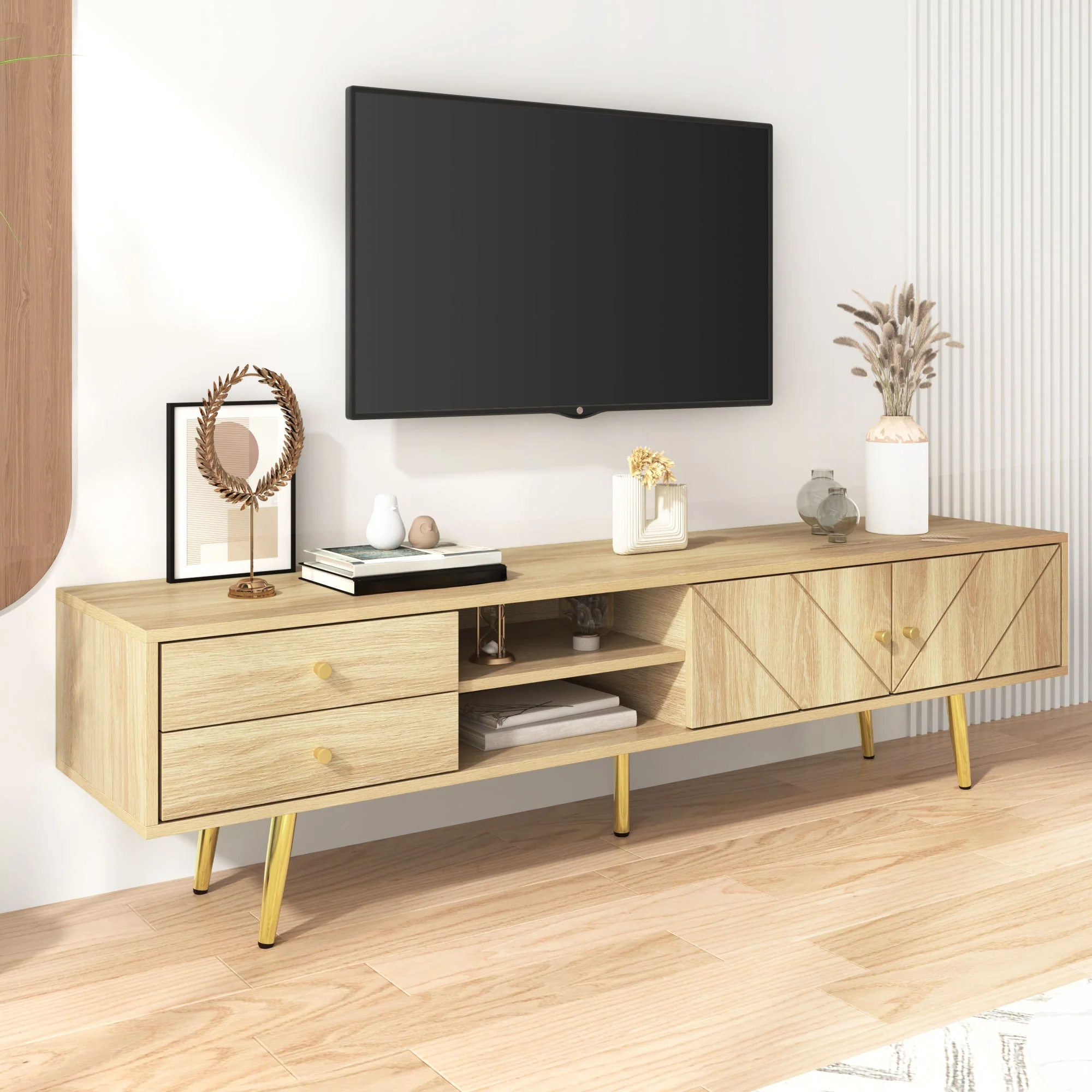 TV Cabinet 160cm, Gold Feet, Two Drawers, Unique Doors - Image 8