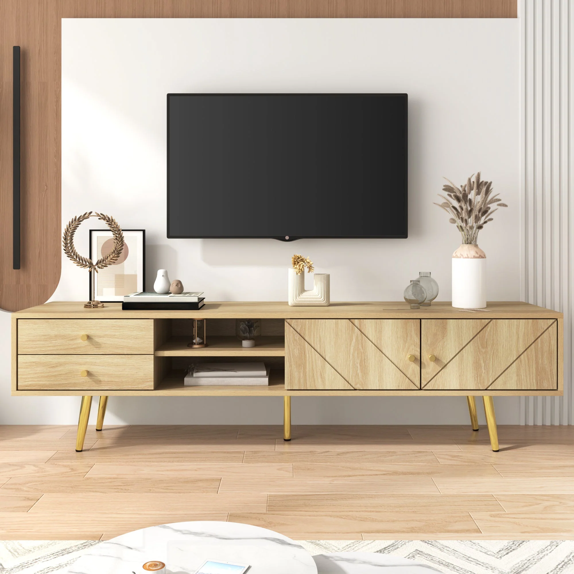 TV Cabinet 160cm, Gold Feet, Two Drawers, Unique Doors - Image 9