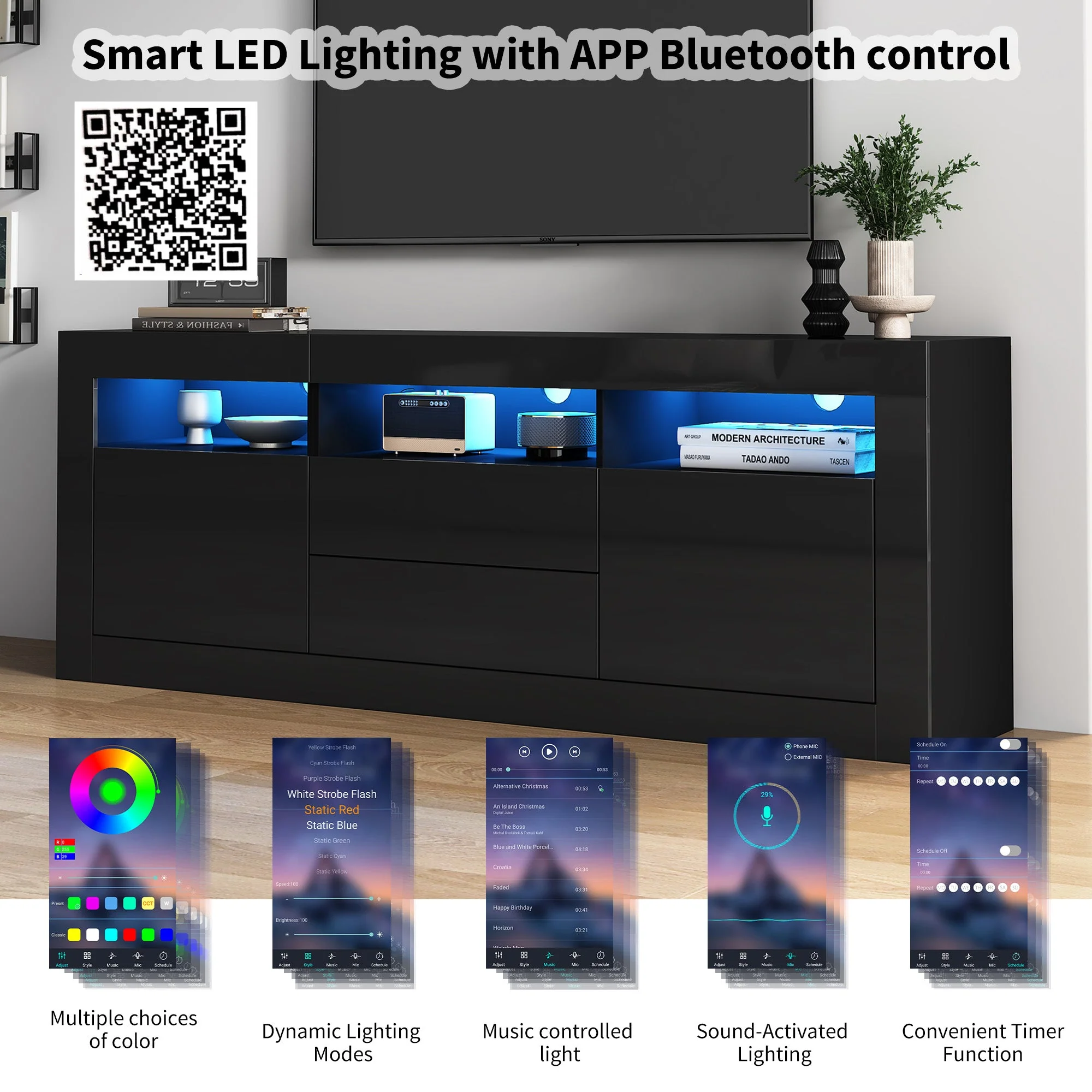 TV Cabinet, 160x35x60cm LED Lighting, 3 Open, 2 Door, 2 Drawer, Smart App Control, for 70-inch TVs, High Gloss - Image 9
