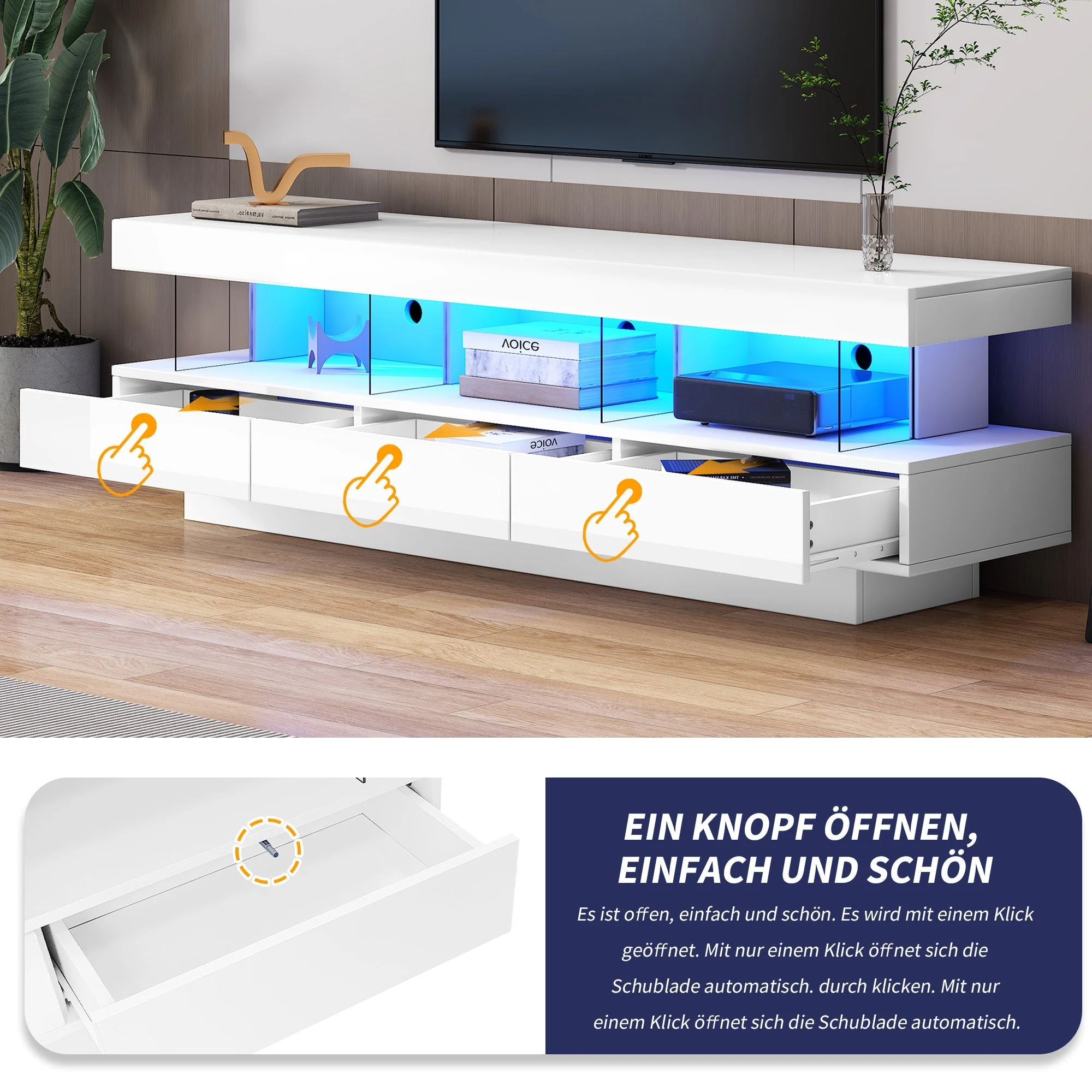 TV Cabinet, 160x38x50.5cm High-Gloss with Glass, LED, App Control, for 70-inch TVs, White - Image 2
