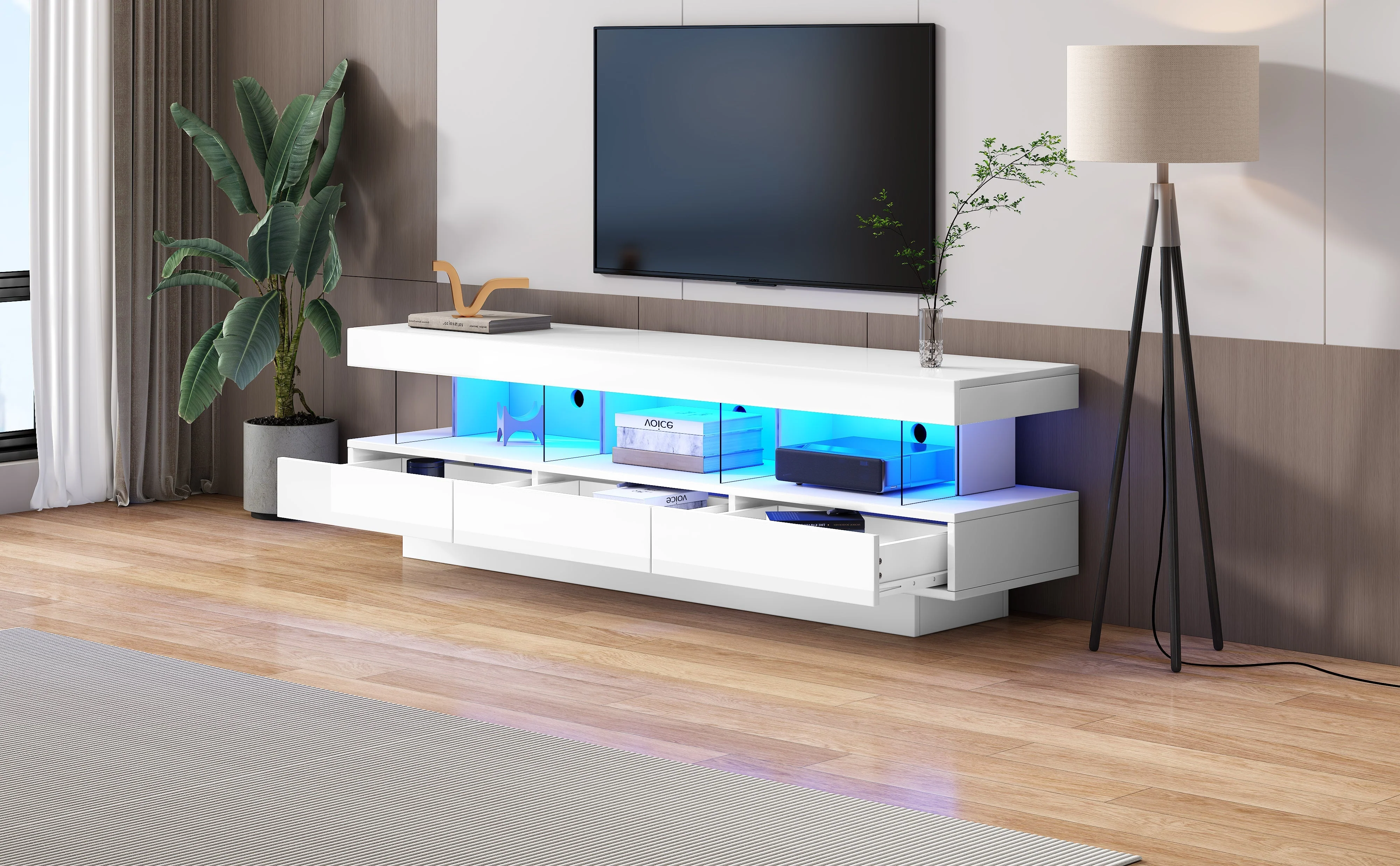 TV Cabinet, 160x38x50.5cm High-Gloss with Glass, LED, App Control, for 70-inch TVs, White - Image 7