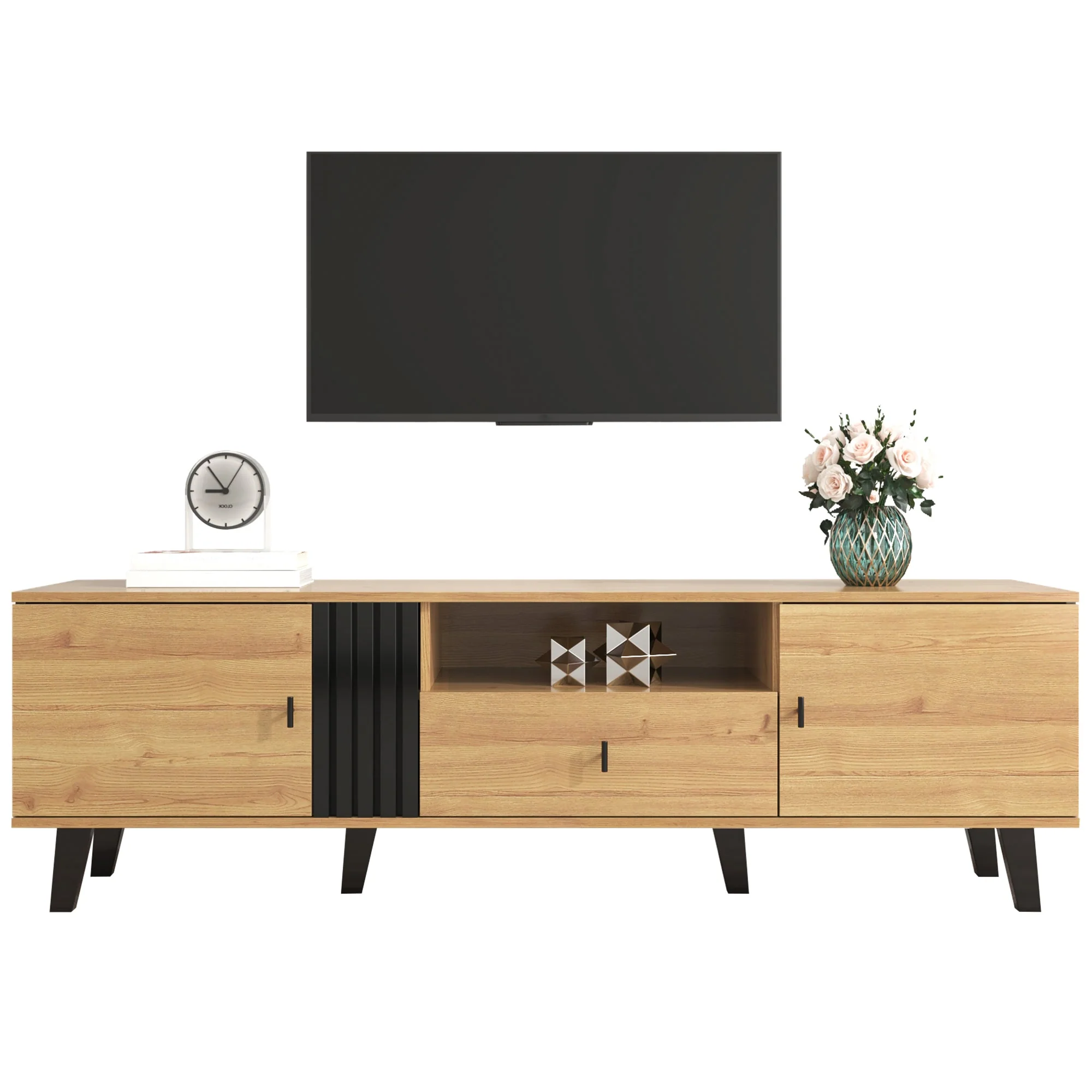 TV Cabinet, 170cm Lowboard with Drawers, Wood and Black - Image 2