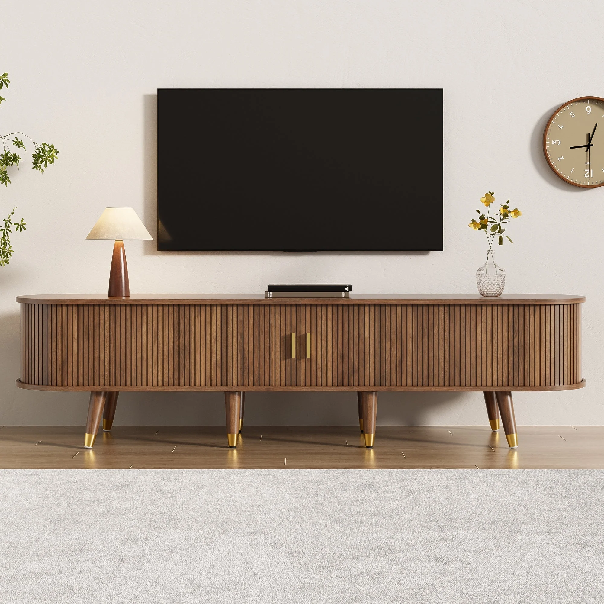 TV Cabinet 175cm Rattan Sliding Door Storage, Walnut Look/Natural Design - Image 3