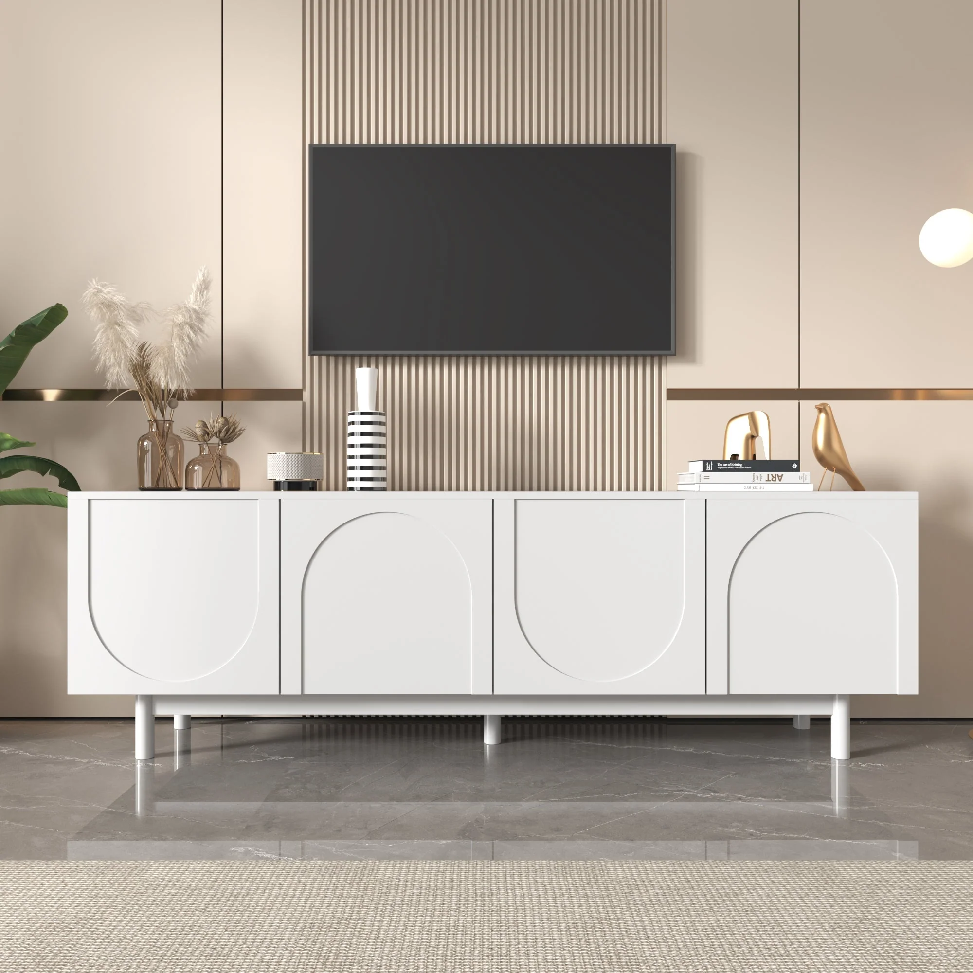 TV Cabinet, 175x38x56 cm Adjustable Shelves Lowboard, White