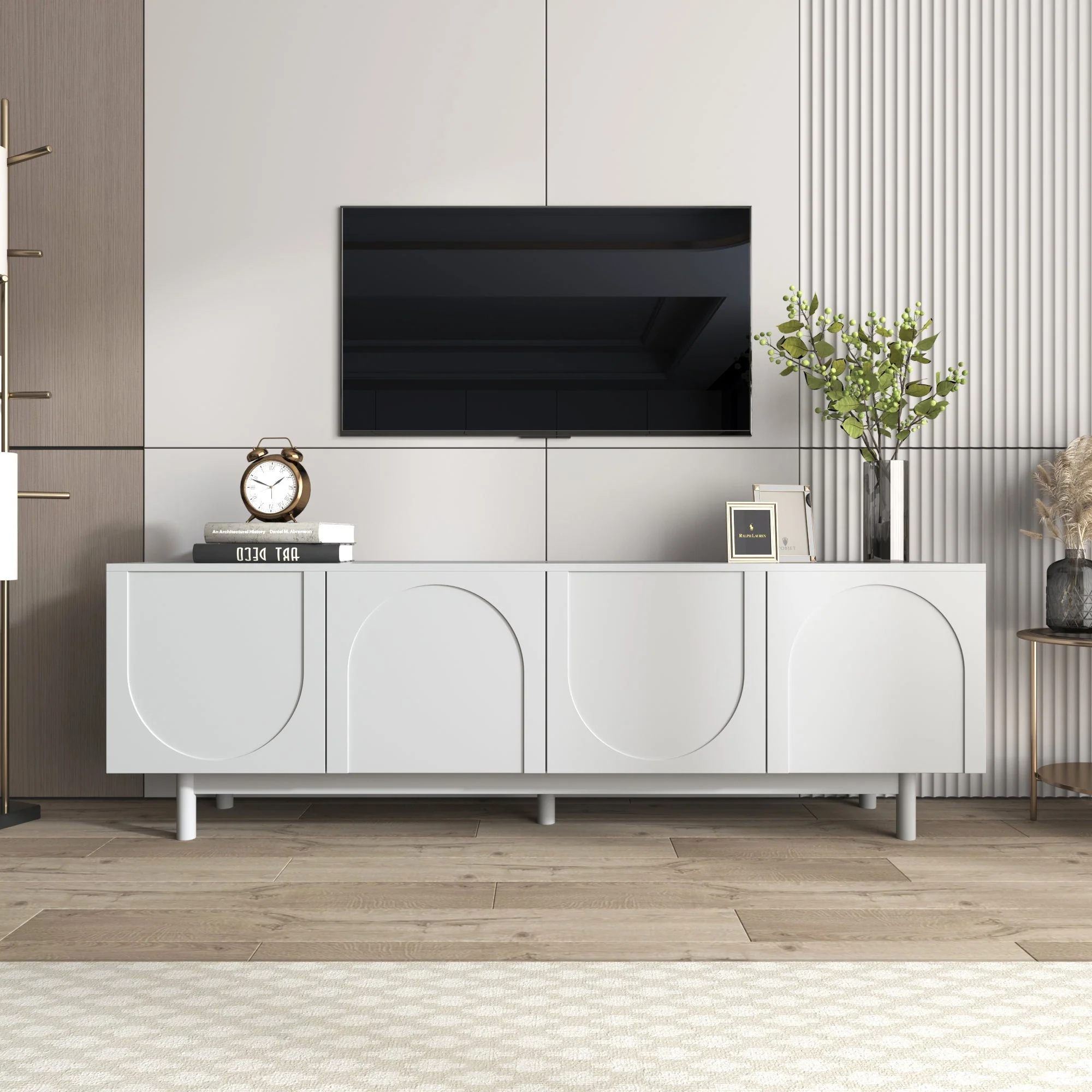 TV Cabinet, 175x38x56 cm Adjustable Shelves Lowboard, White - Image 2