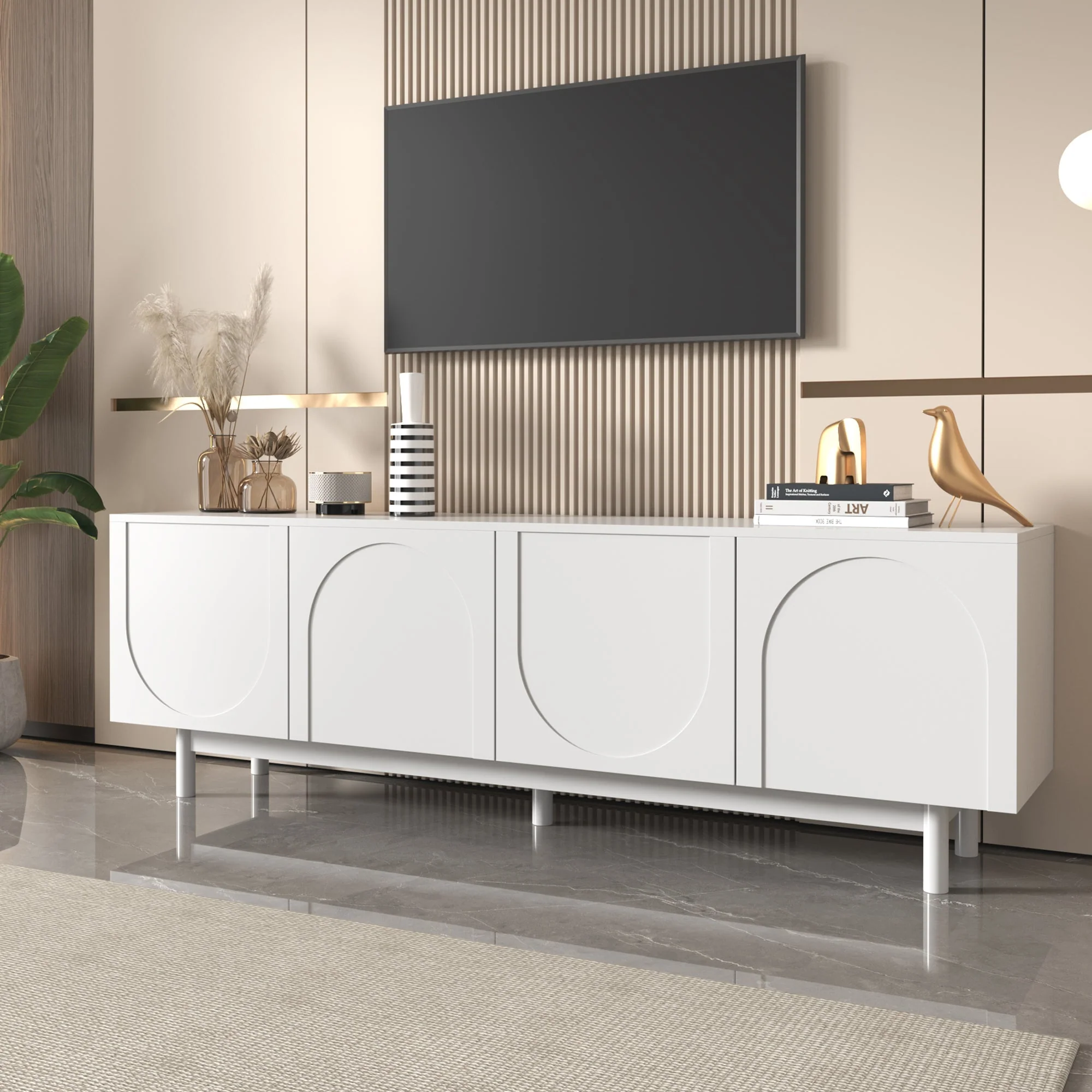 TV Cabinet, 175x38x56 cm Adjustable Shelves Lowboard, White - Image 6