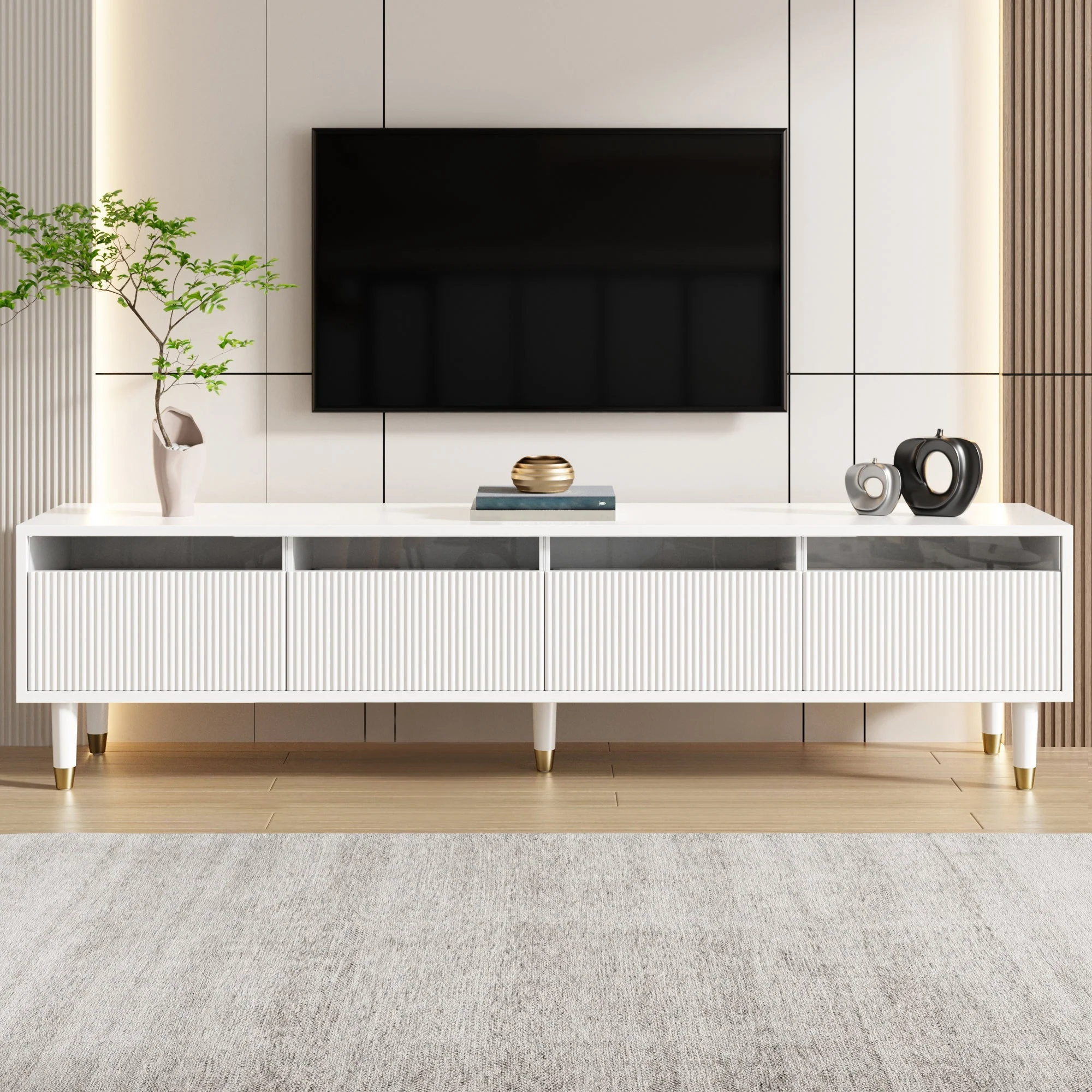 TV Cabinet 178cm, Minimalist Design, 4 Drawers, White MDF & Acrylic - Image 3