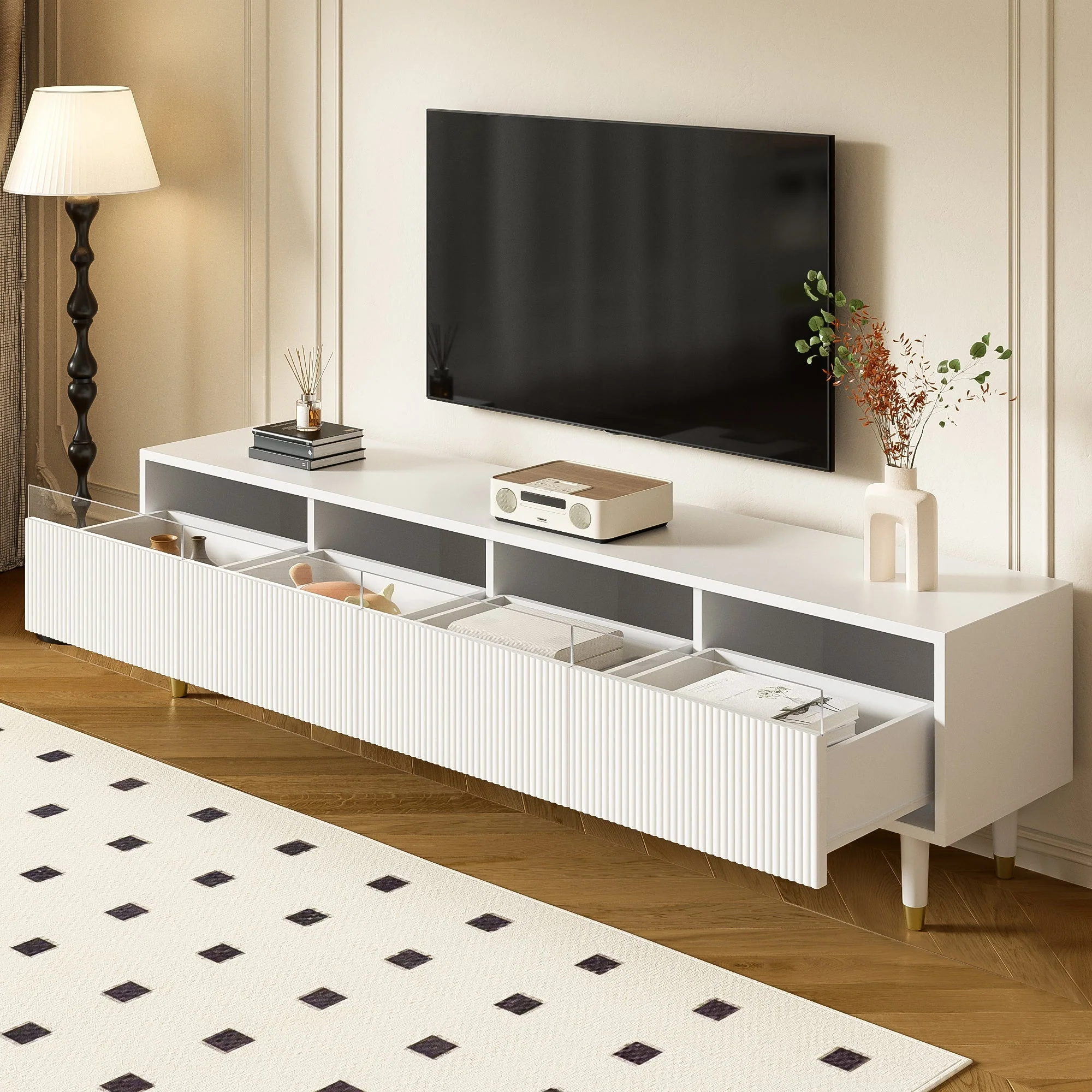 TV Cabinet 178cm, Minimalist Design, 4 Drawers, White MDF & Acrylic - Image 8