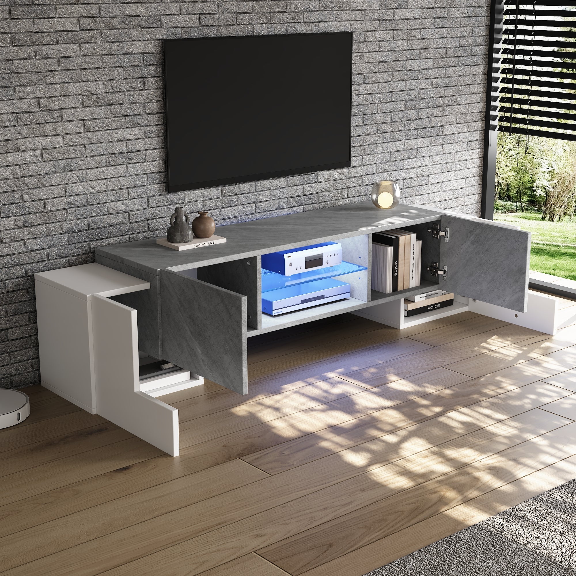 TV Cabinet 180*40*46.5cm, Lowboard with Bluetooth LED, White & Gray - Image 6