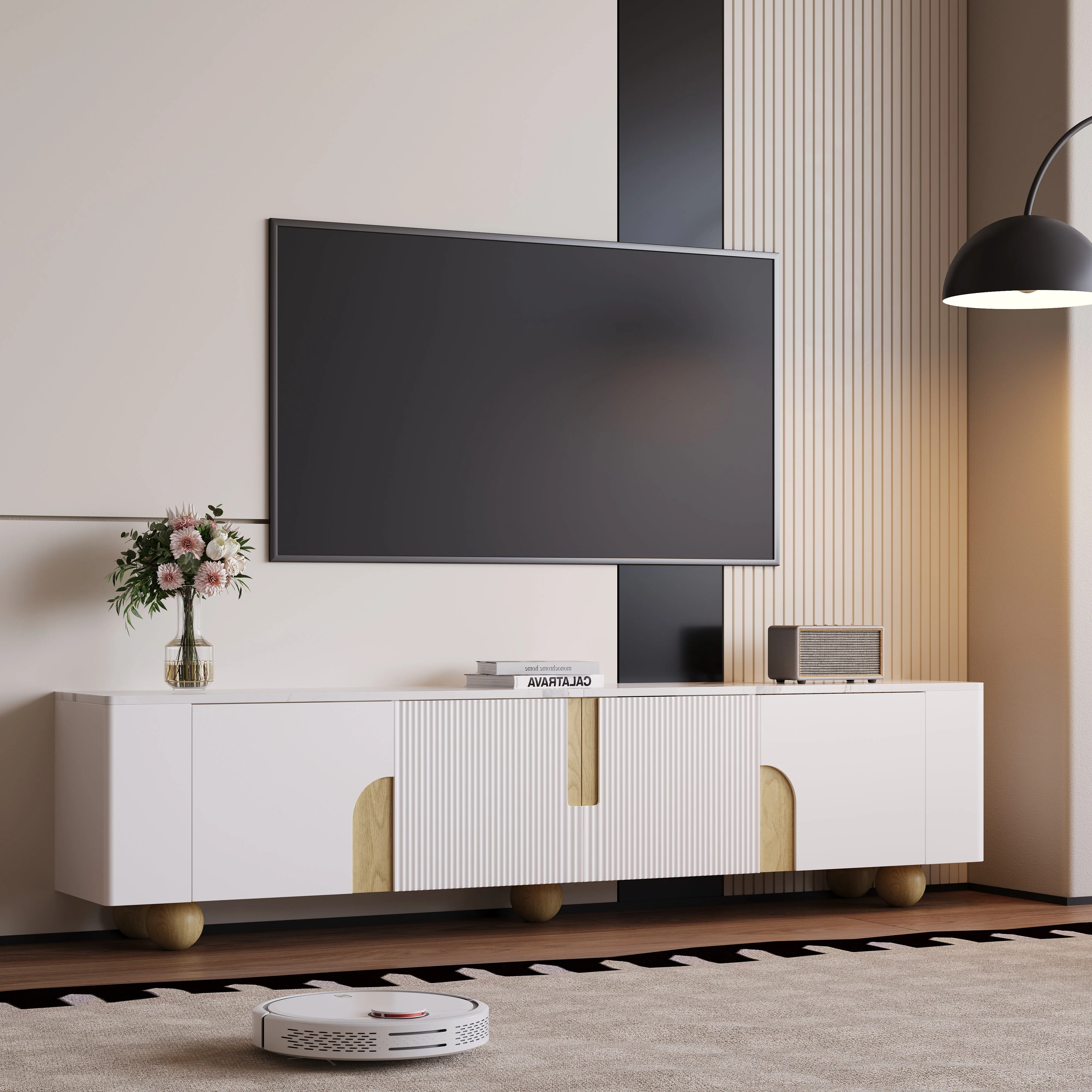 TV Cabinet 180cm 4 Doors Marble-Effect Spherical Feet, White - Image 2