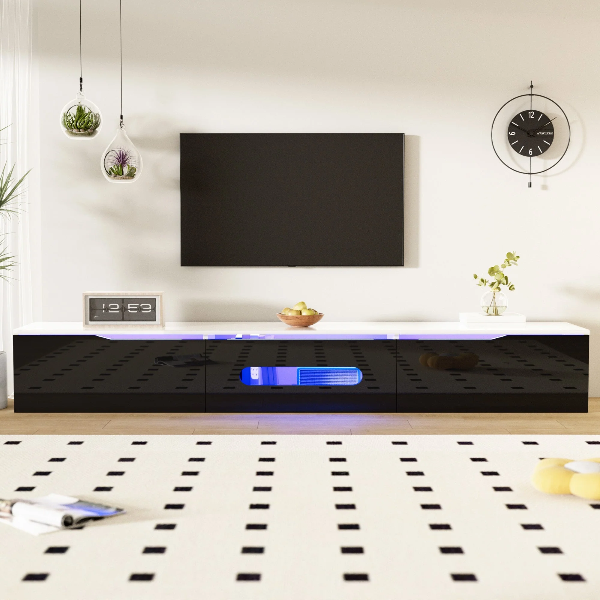 TV Cabinet 180cm High-Gloss LED Wall-Mountable Black/White
