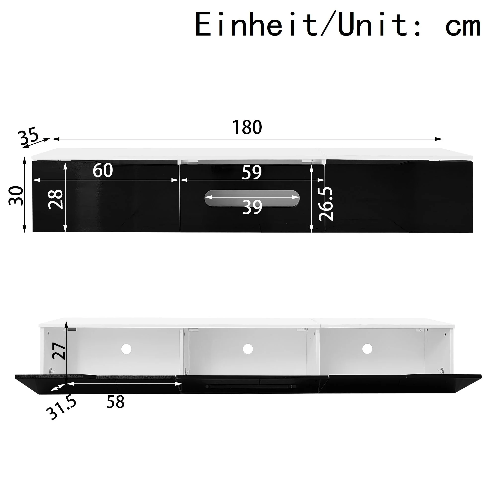 TV Cabinet 180cm High-Gloss LED Wall-Mountable Black/White - Image 6