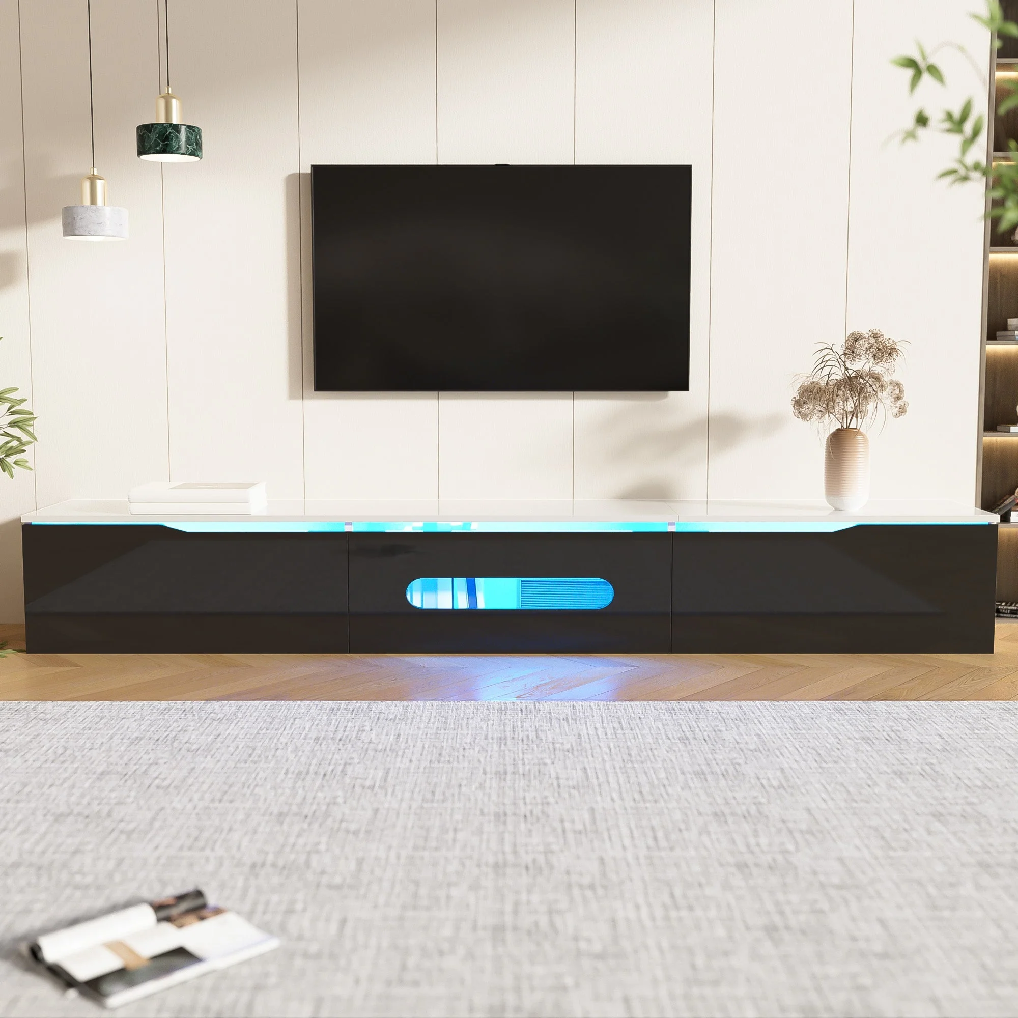 TV Cabinet 180cm High-Gloss LED Wall-Mountable Black/White - Image 8