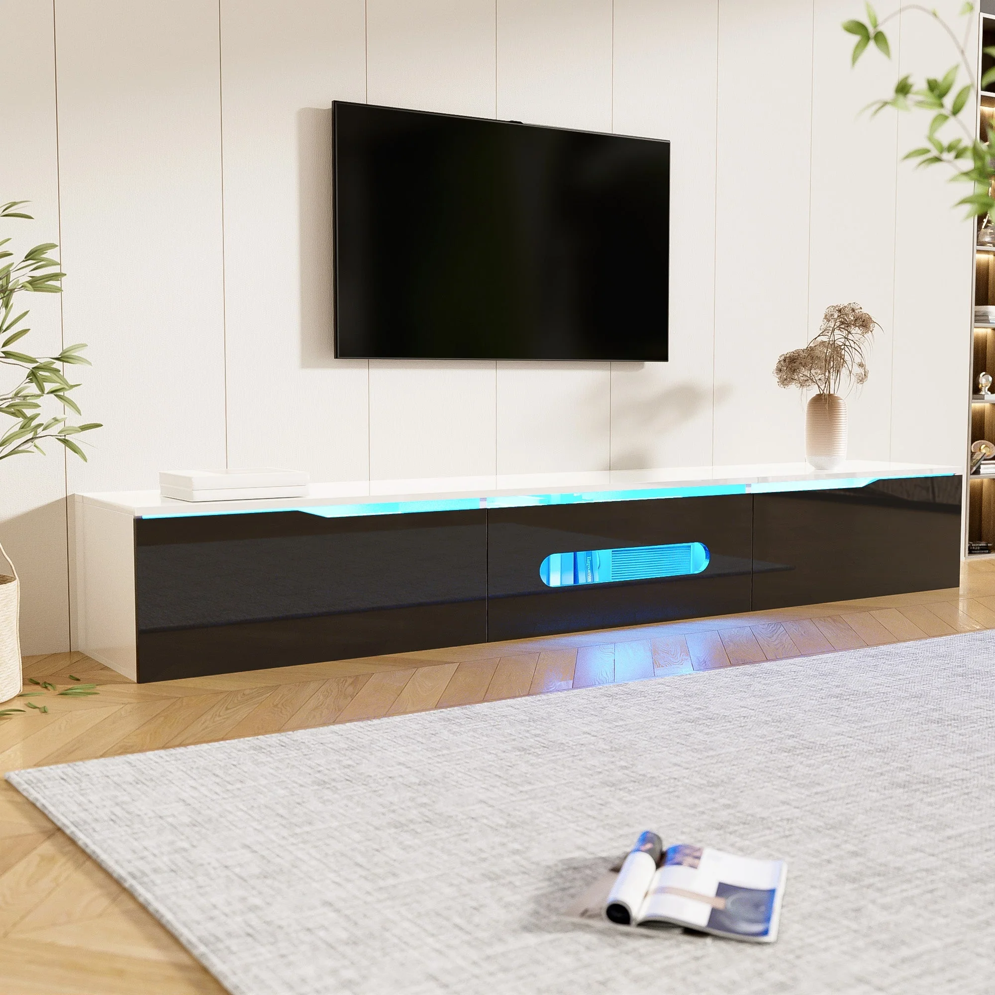 TV Cabinet 180cm LED Wall-Mountable High-Gloss Black and White - Image 3