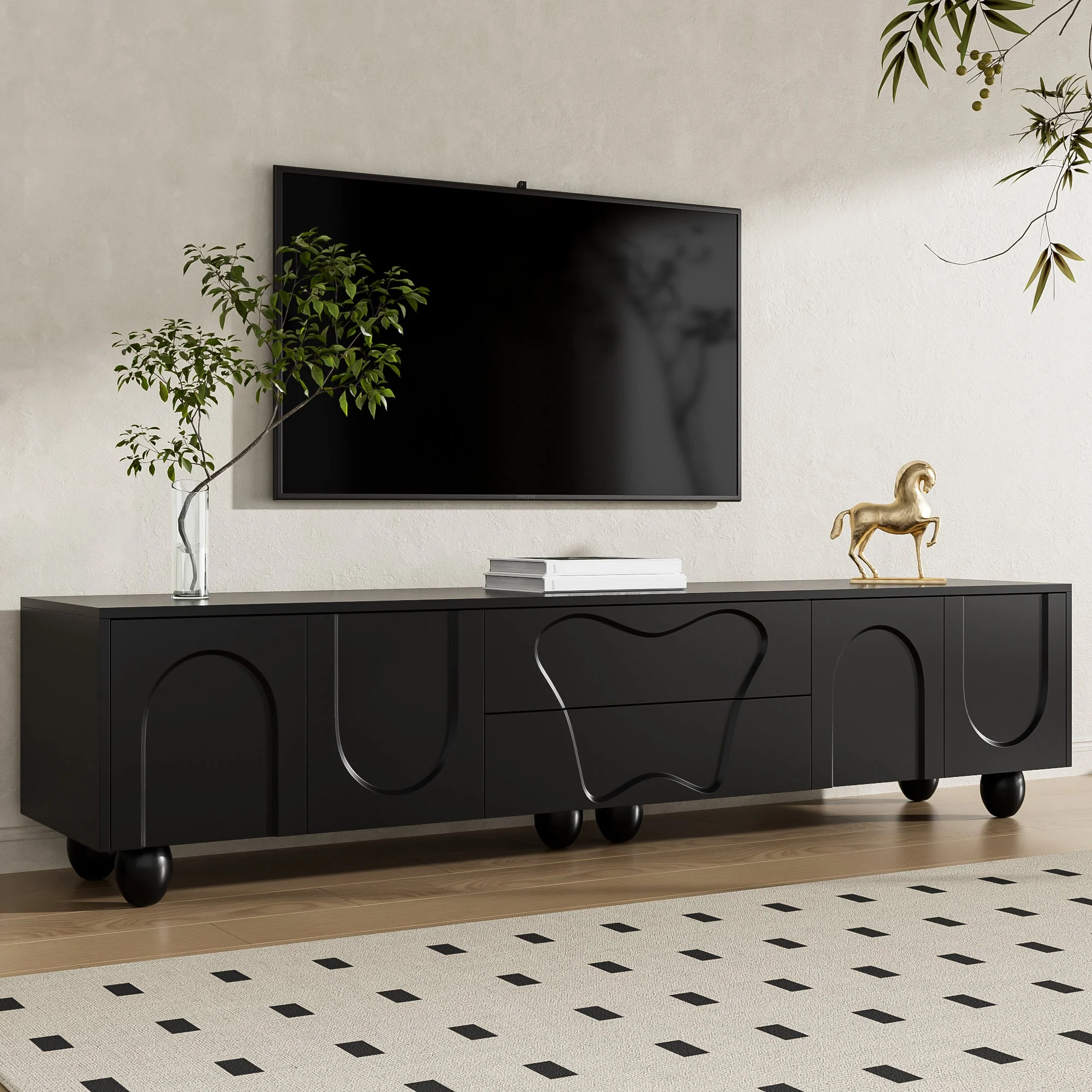 TV Cabinet, 180cm Minimalist Elegant Storage, Black Wooden - Image 4