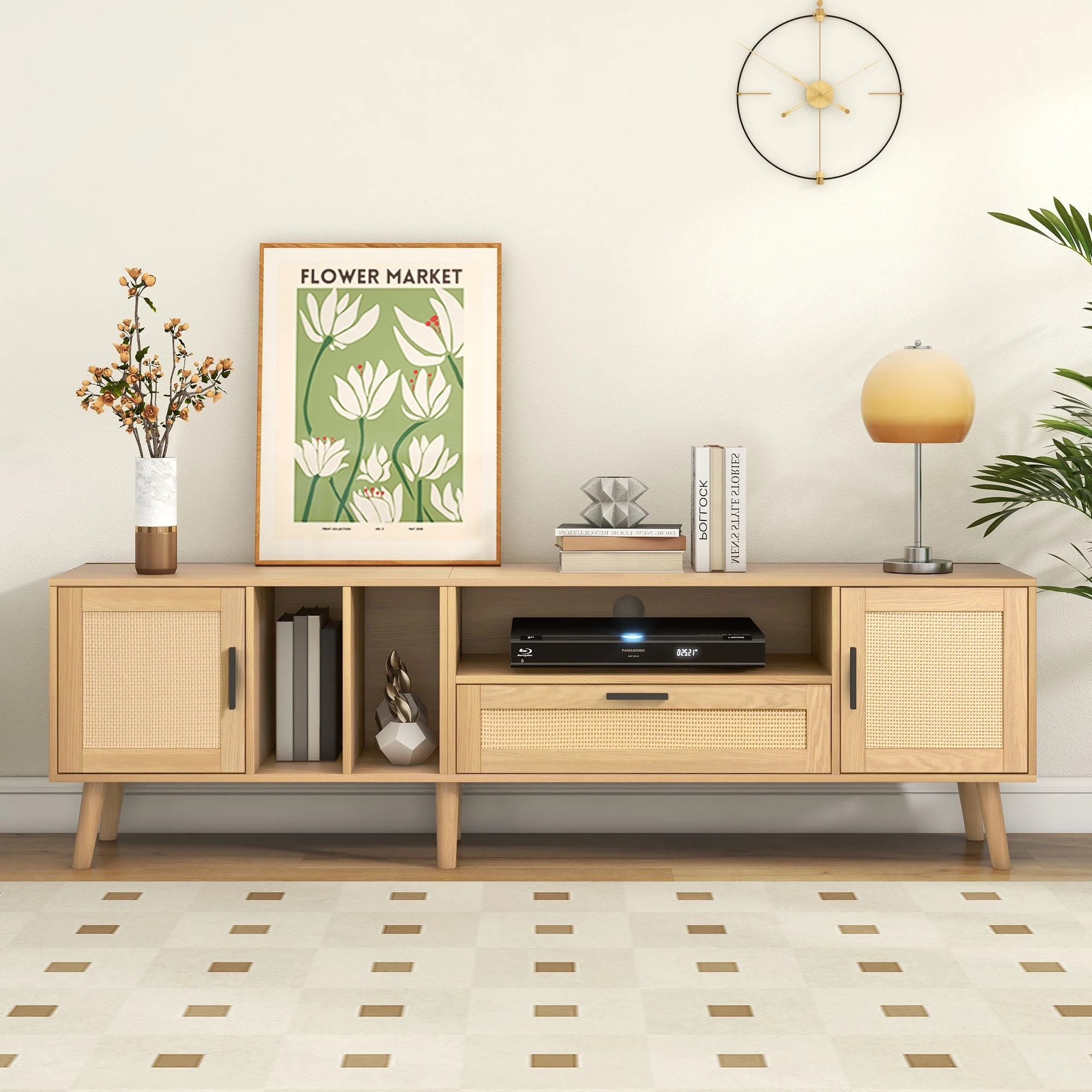 TV Cabinet, 180cm Rattan with 2 Doors & 1 Drawer, Solid Wood - Image 2