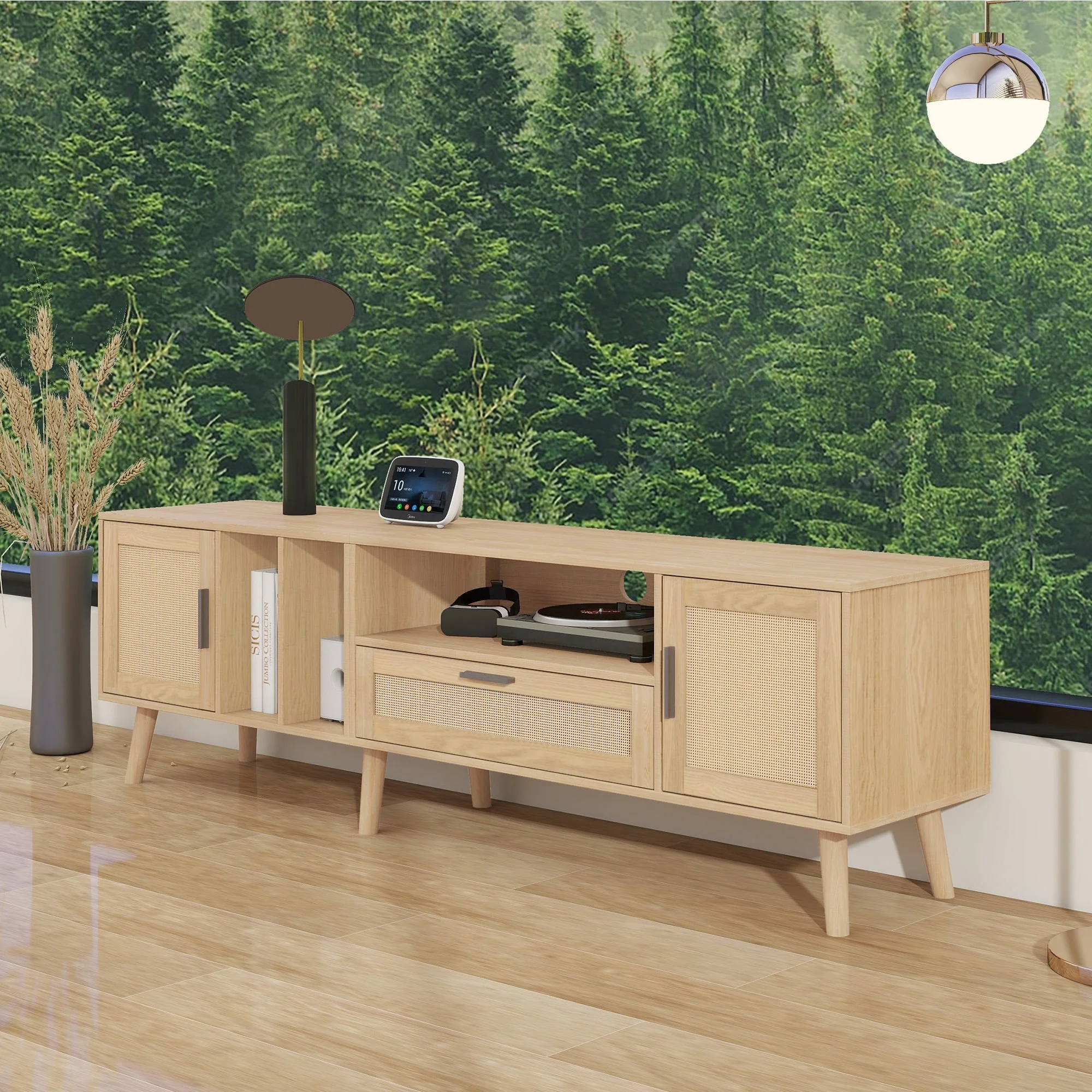 TV Cabinet, 180cm Rattan with 2 Doors & 1 Drawer, Solid Wood - Image 5