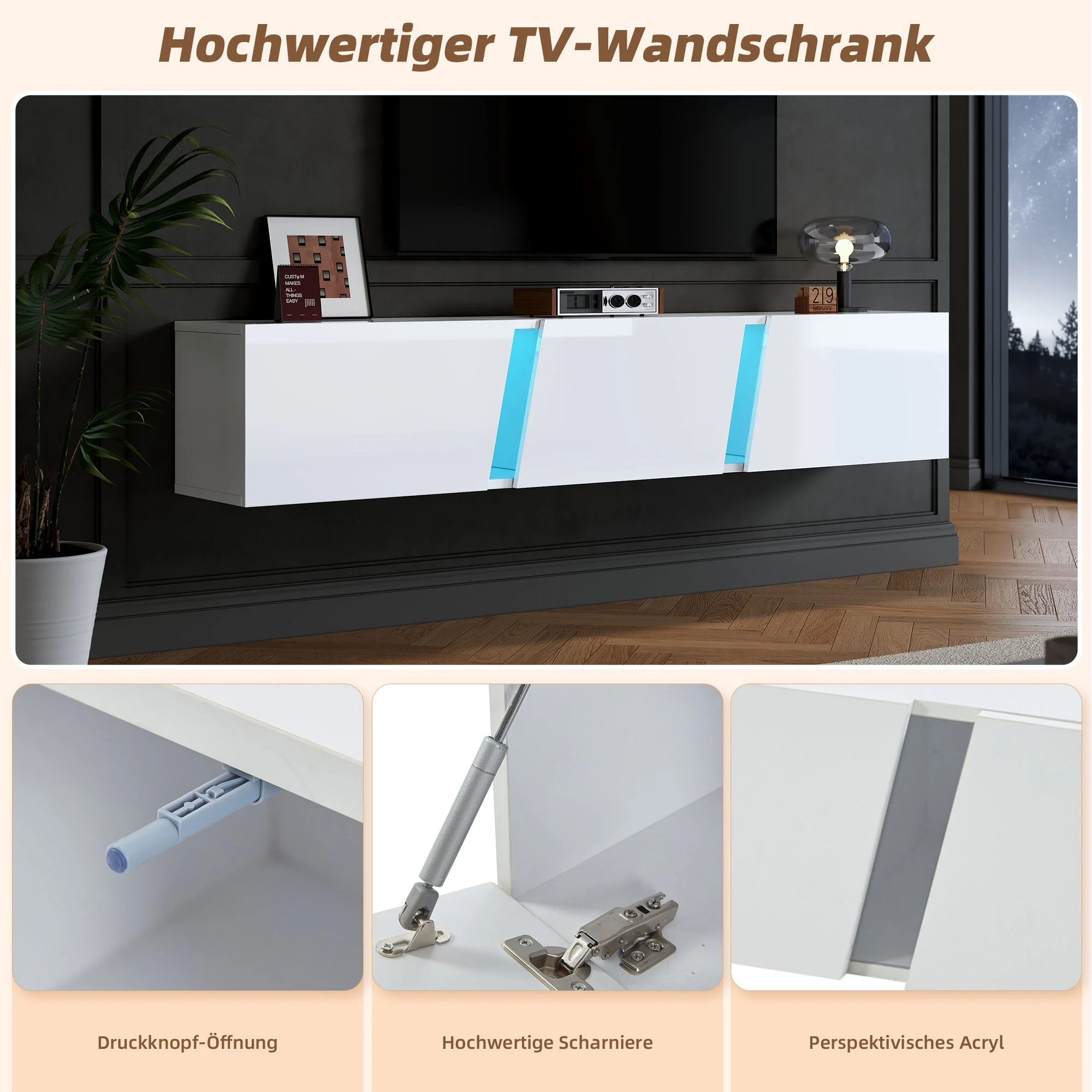 TV Cabinet 180cm Wall-Mounted Lowboard with LED Lights, 3 Doors, White - Image 8